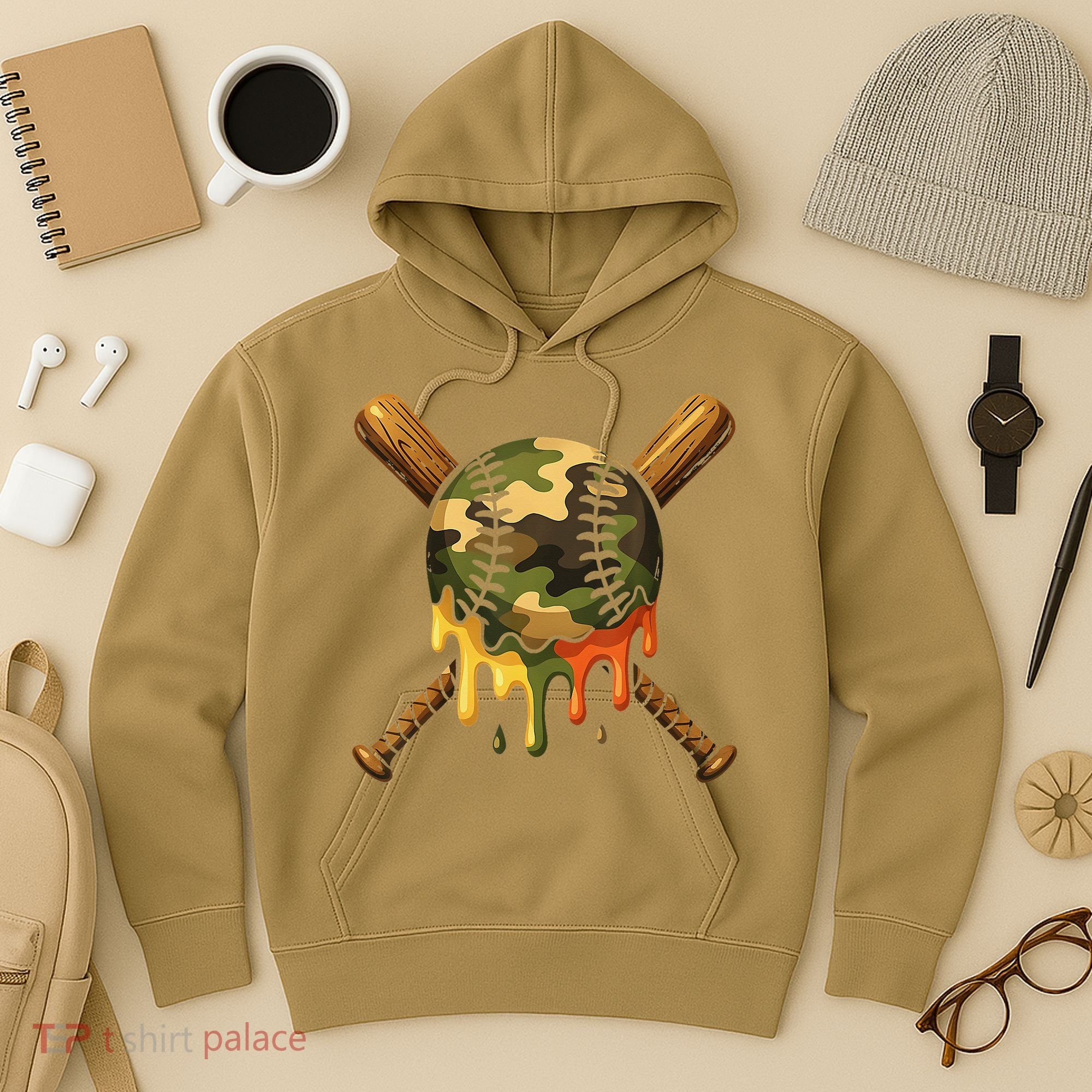 Baseball Drip Camo Baseball Ice Cream Dripping Game Day Hoodie