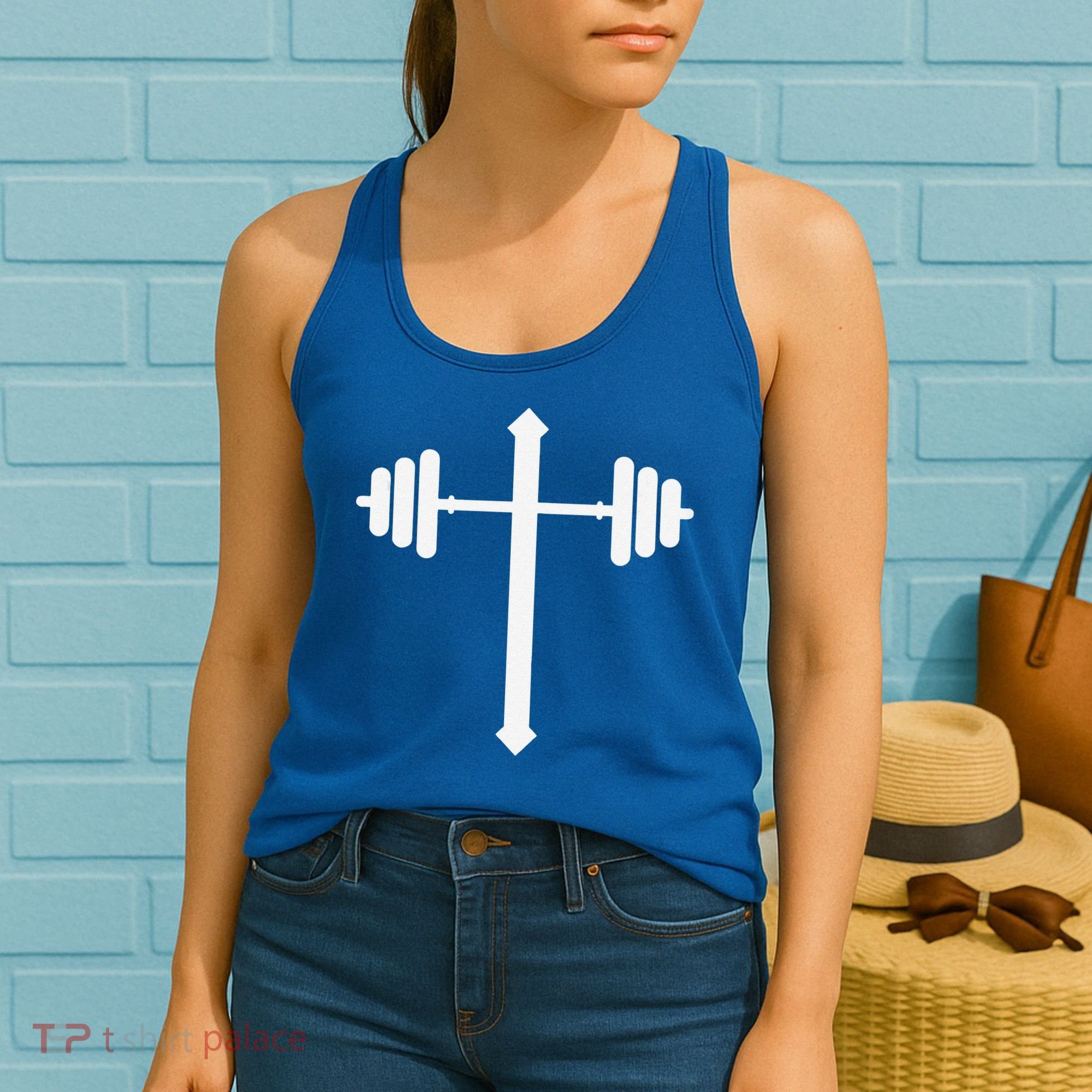 Barbell Dumbbell Cross Christian Jesus Gym Workout Lifting Gift Women's Tank Top