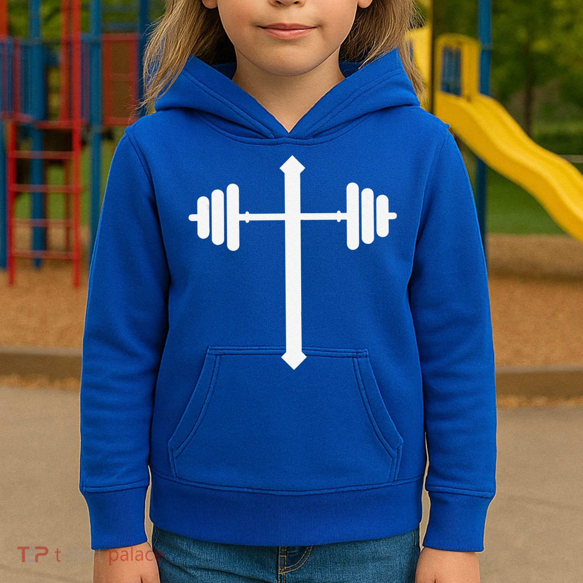 Barbell Dumbbell Cross Christian Jesus Gym Workout Lifting Gift Kids Hoodie