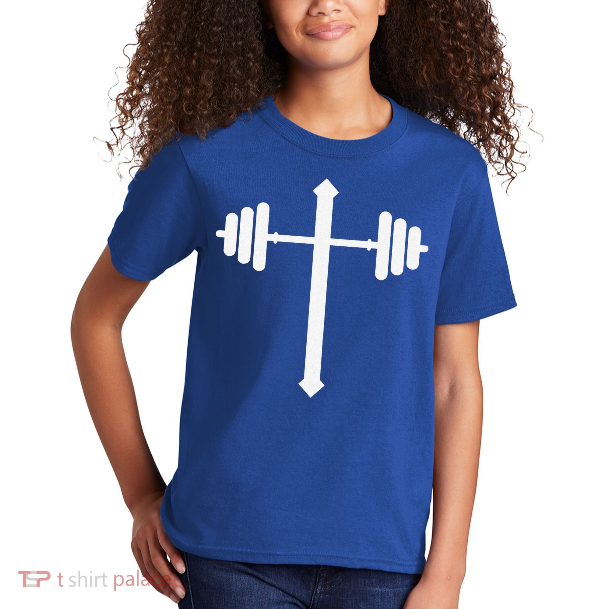 Barbell Dumbbell Cross Christian Jesus Gym Workout Lifting Gift Kids T-Shirt