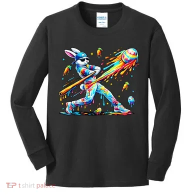 Baseball Dripping Drip Rabbit Bunny Easter Kids Long Sleeve Shirt