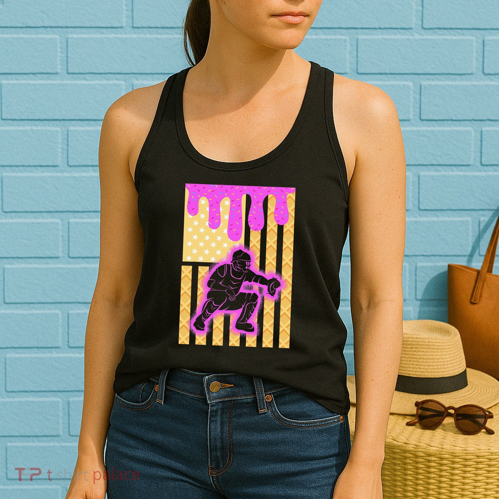 Baseball Drip Dripping Ice Cream Baseball American Flag Women's Tank Top