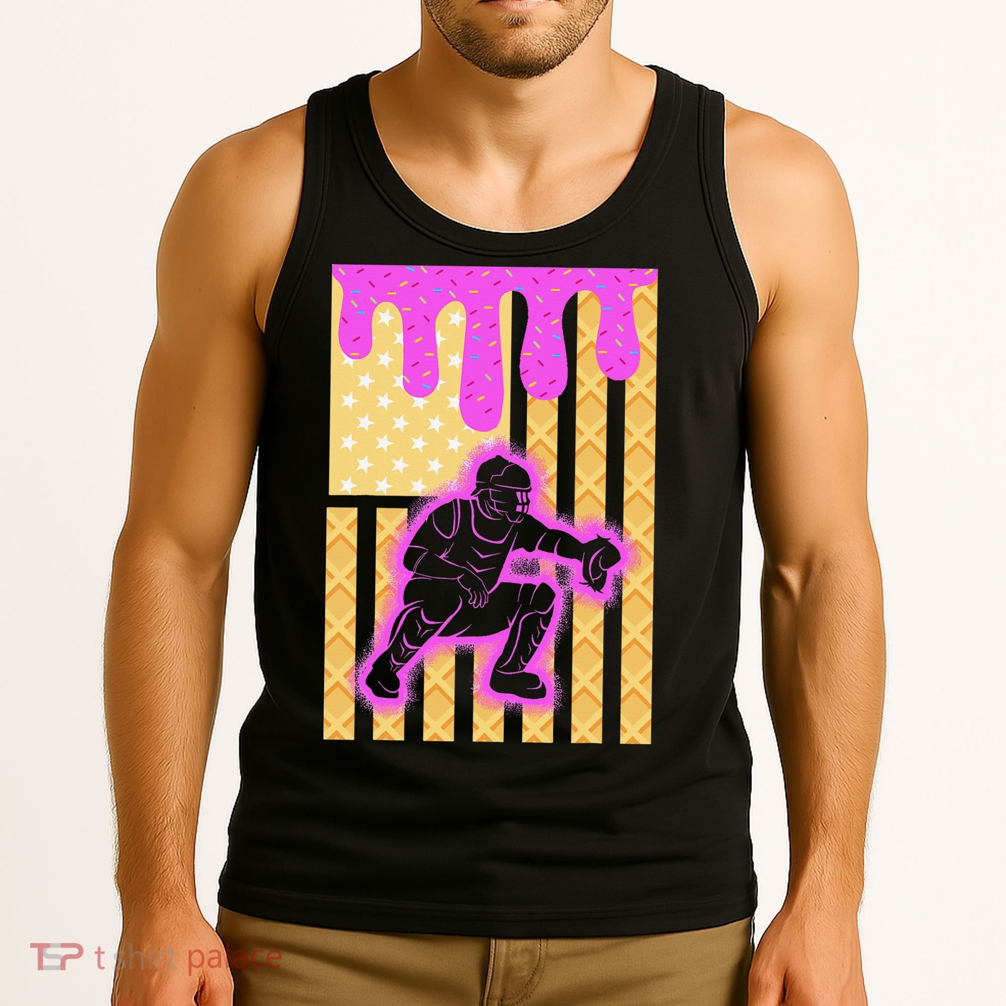 Baseball Drip Dripping Ice Cream Baseball American Flag Tank Top