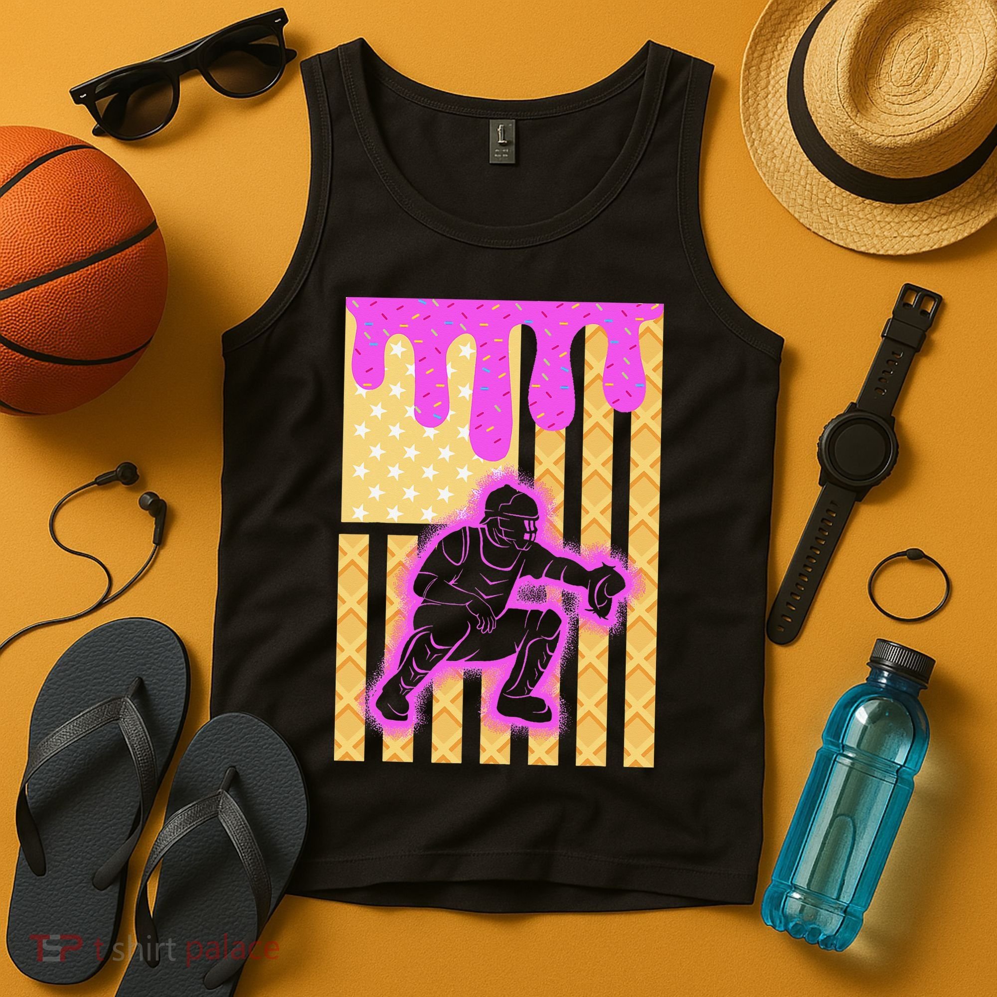 Baseball Drip Dripping Ice Cream Baseball American Flag Tank Top