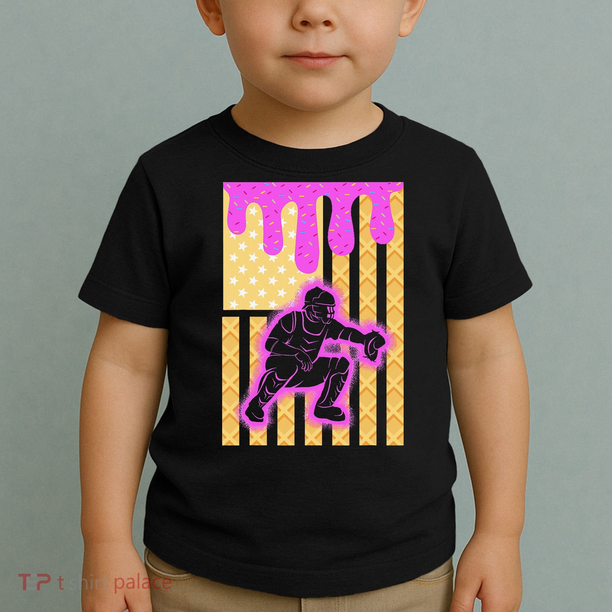Baseball Drip Dripping Ice Cream Baseball American Flag Toddler T-Shirt