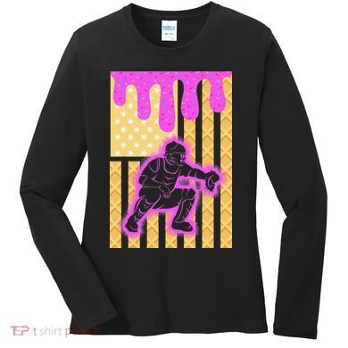 Baseball Drip Dripping Ice Cream Baseball American Flag Women's Long Sleeve Shirt