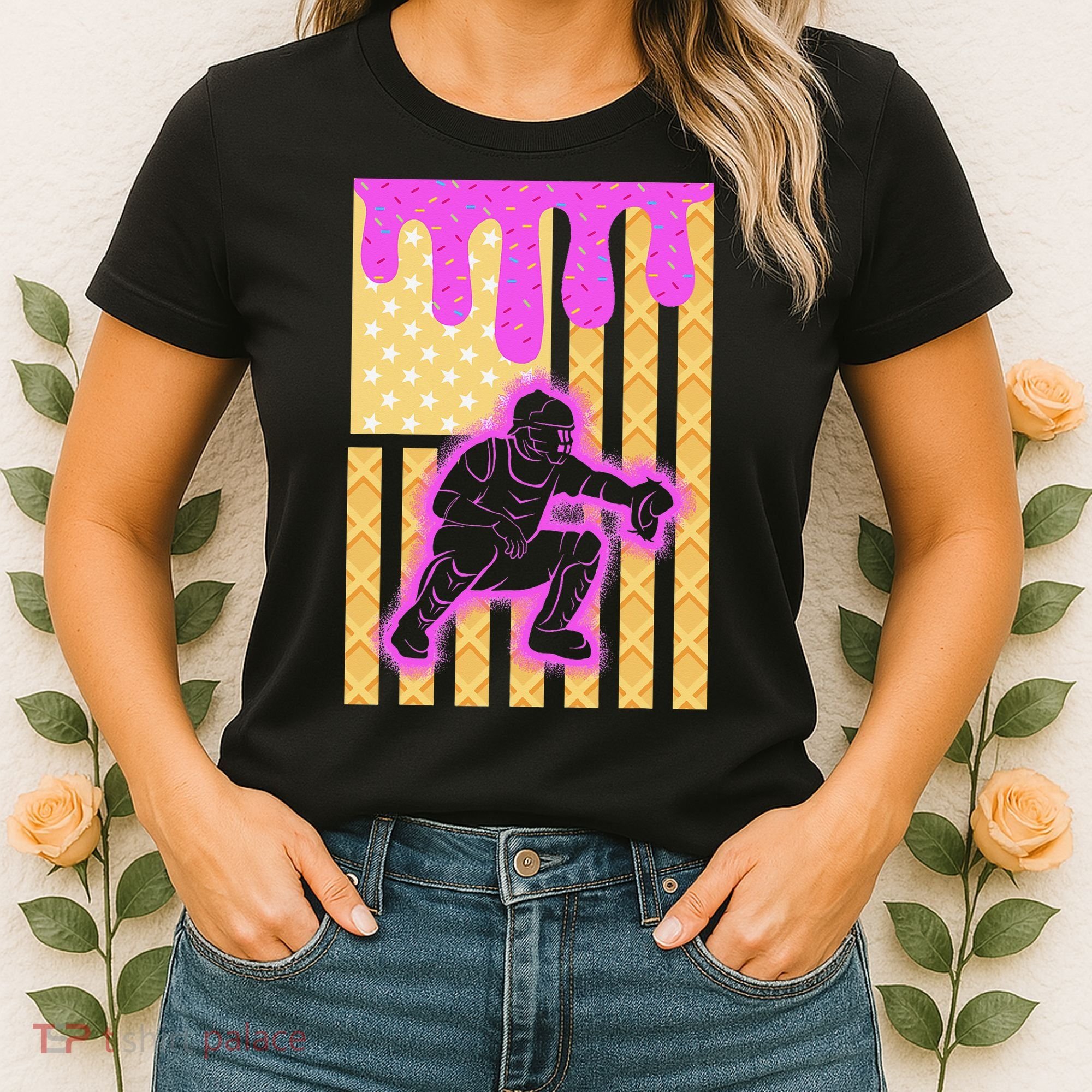 Baseball Drip Dripping Ice Cream Baseball American Flag Women's T-Shirt