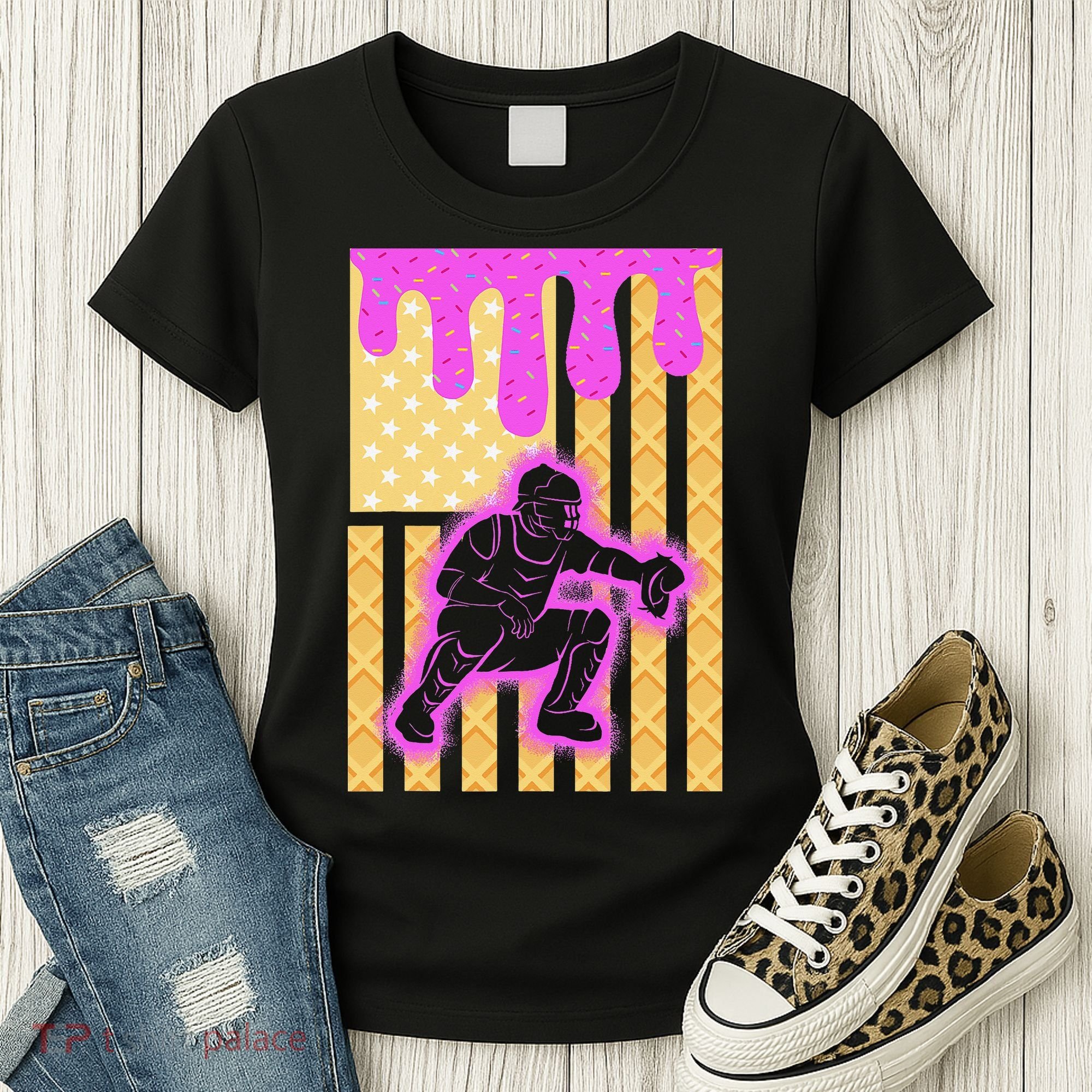Baseball Drip Dripping Ice Cream Baseball American Flag Women's T-Shirt
