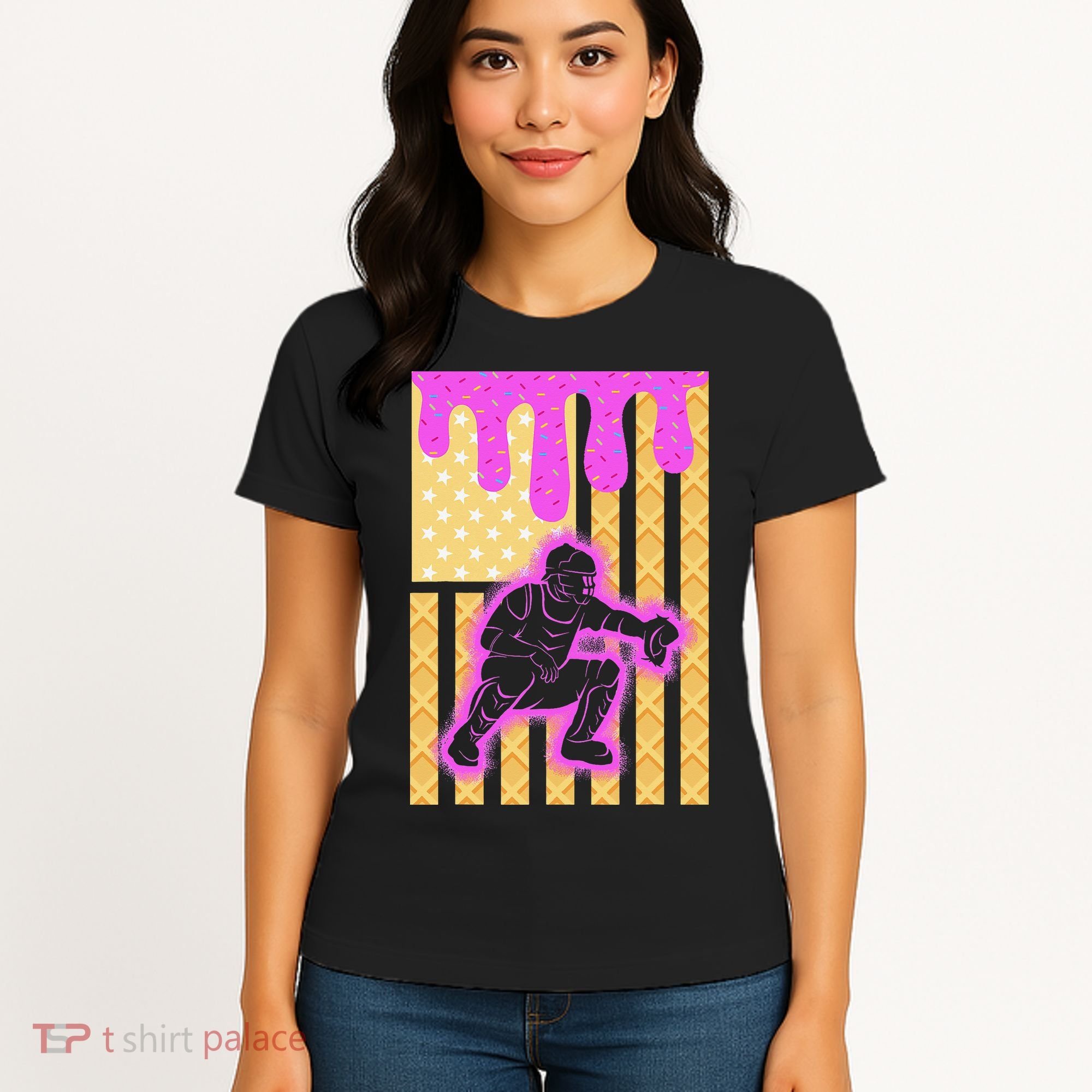 Baseball Drip Dripping Ice Cream Baseball American Flag Women's T-Shirt