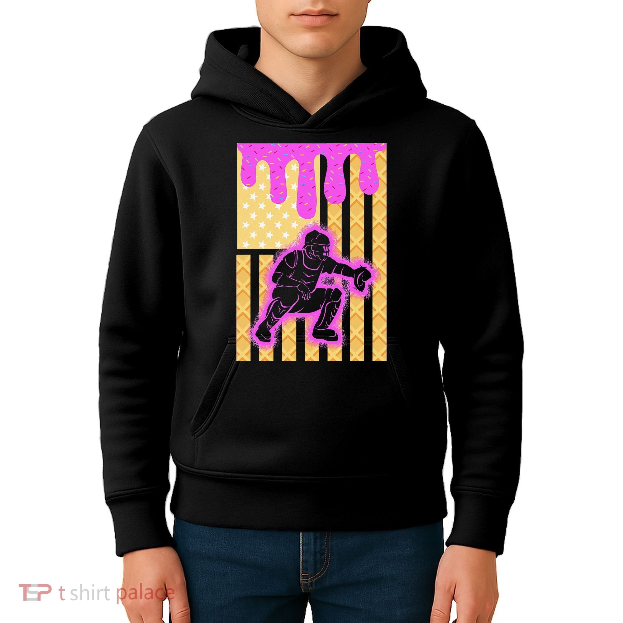 Baseball Drip Dripping Ice Cream Baseball American Flag Kids Hoodie