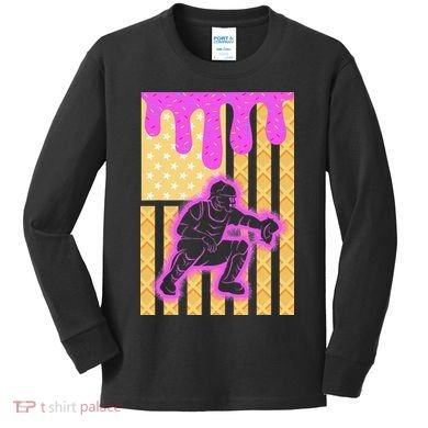 Baseball Drip Dripping Ice Cream Baseball American Flag Kids Long Sleeve Shirt