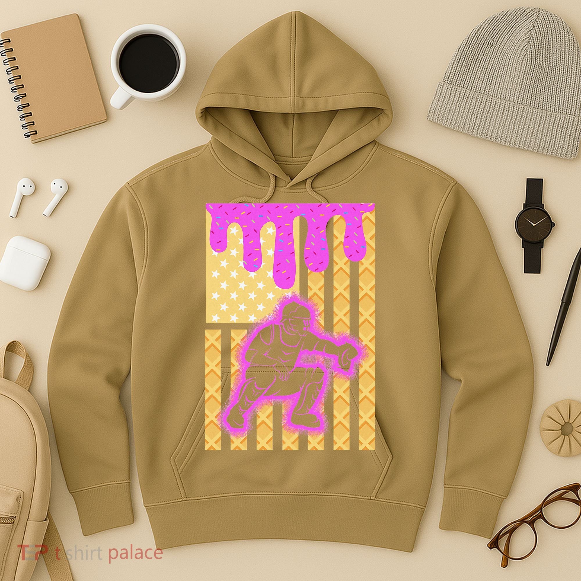 Baseball Drip Dripping Ice Cream Baseball American Flag Hoodie