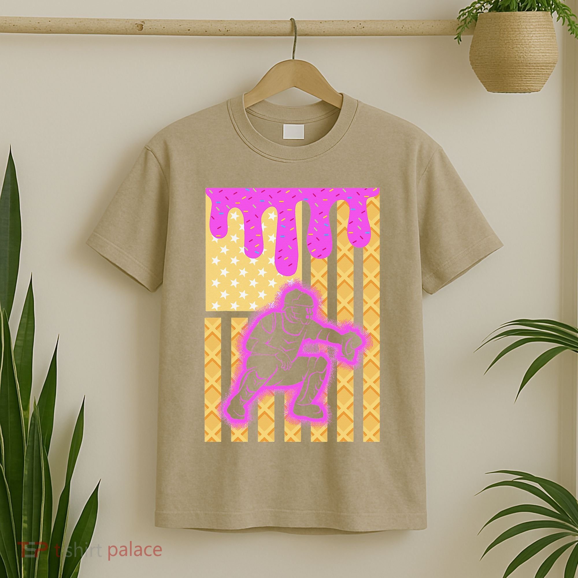 Baseball Drip Dripping Ice Cream Baseball American Flag T-Shirt