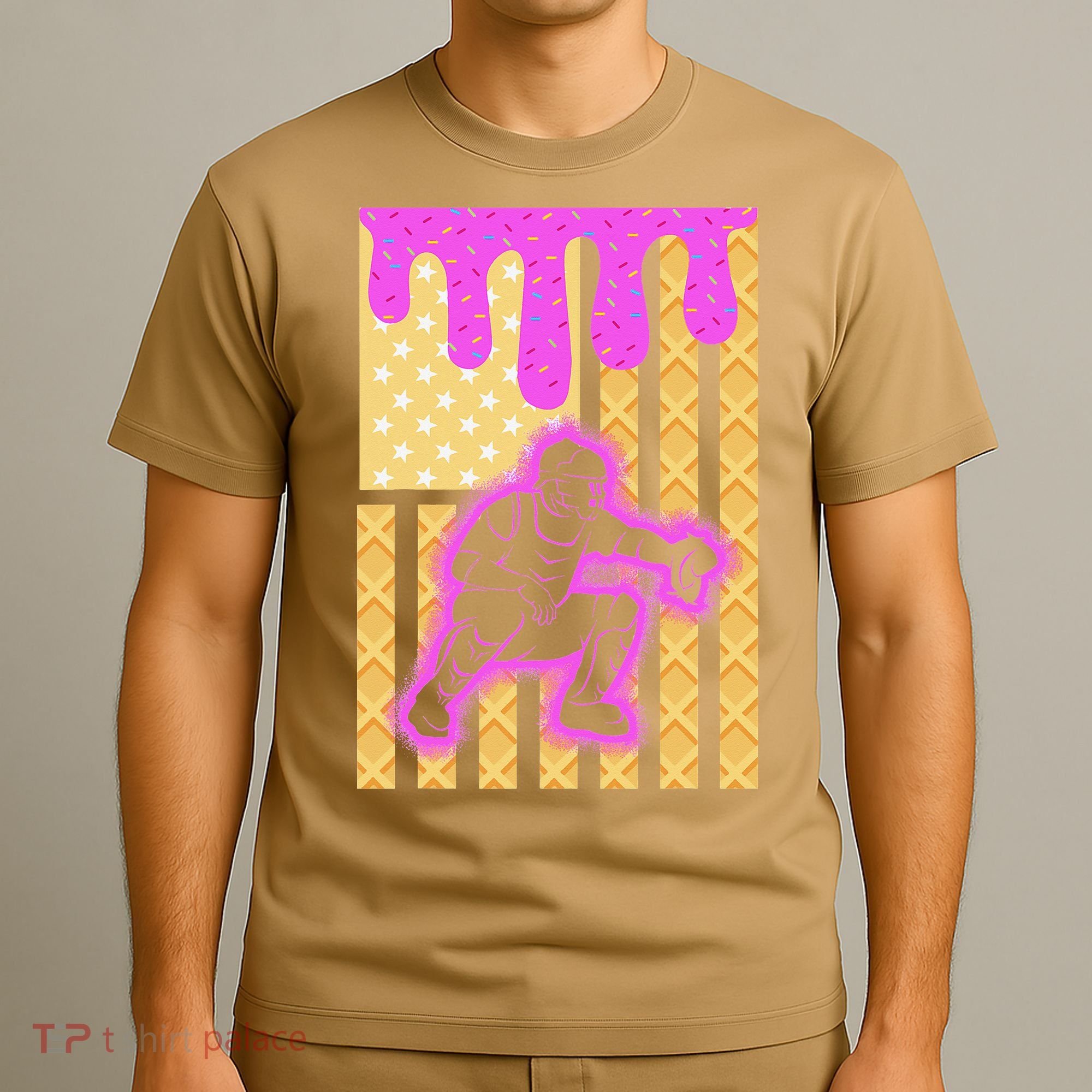 Baseball Drip Dripping Ice Cream Baseball American Flag T-Shirt
