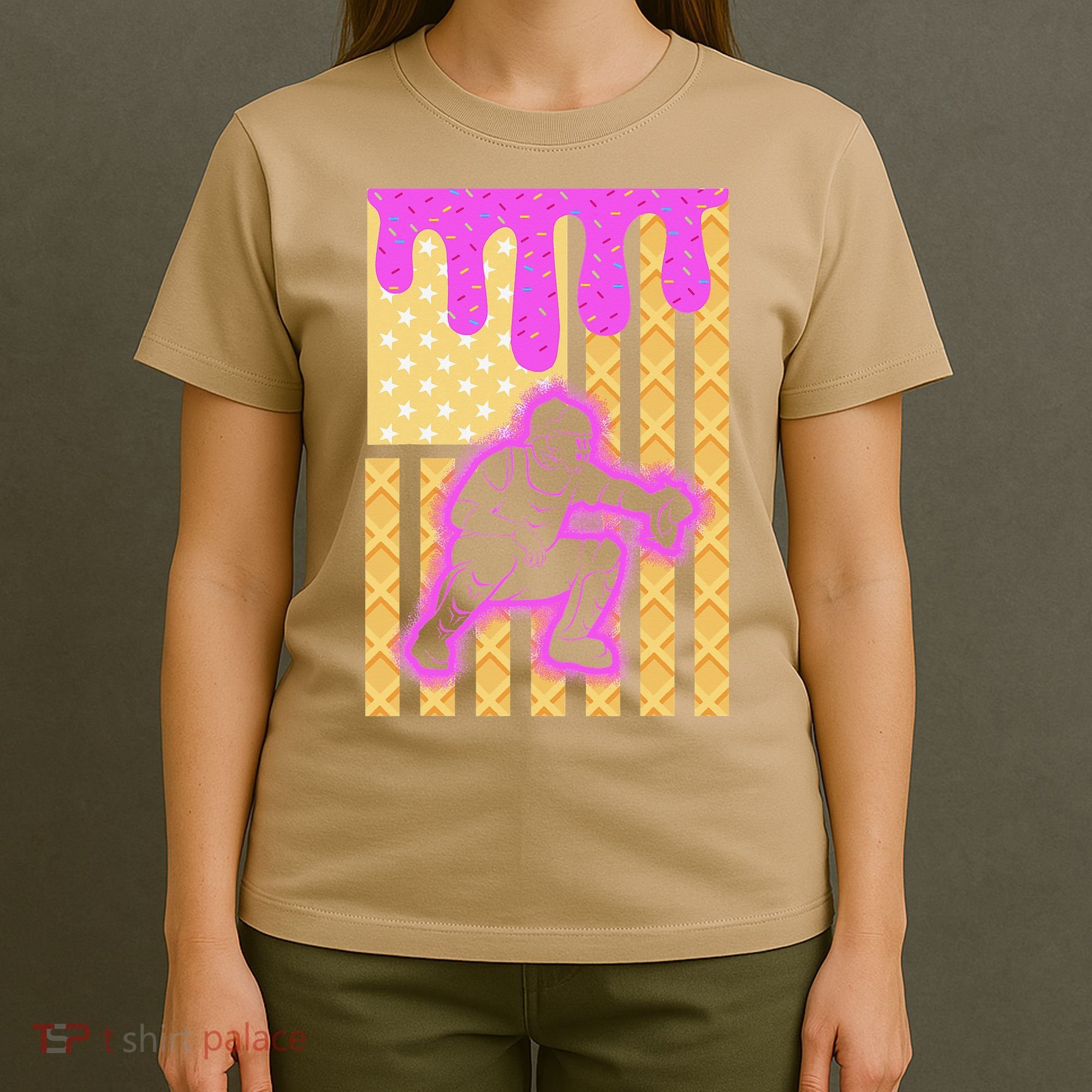 Baseball Drip Dripping Ice Cream Baseball American Flag T-Shirt