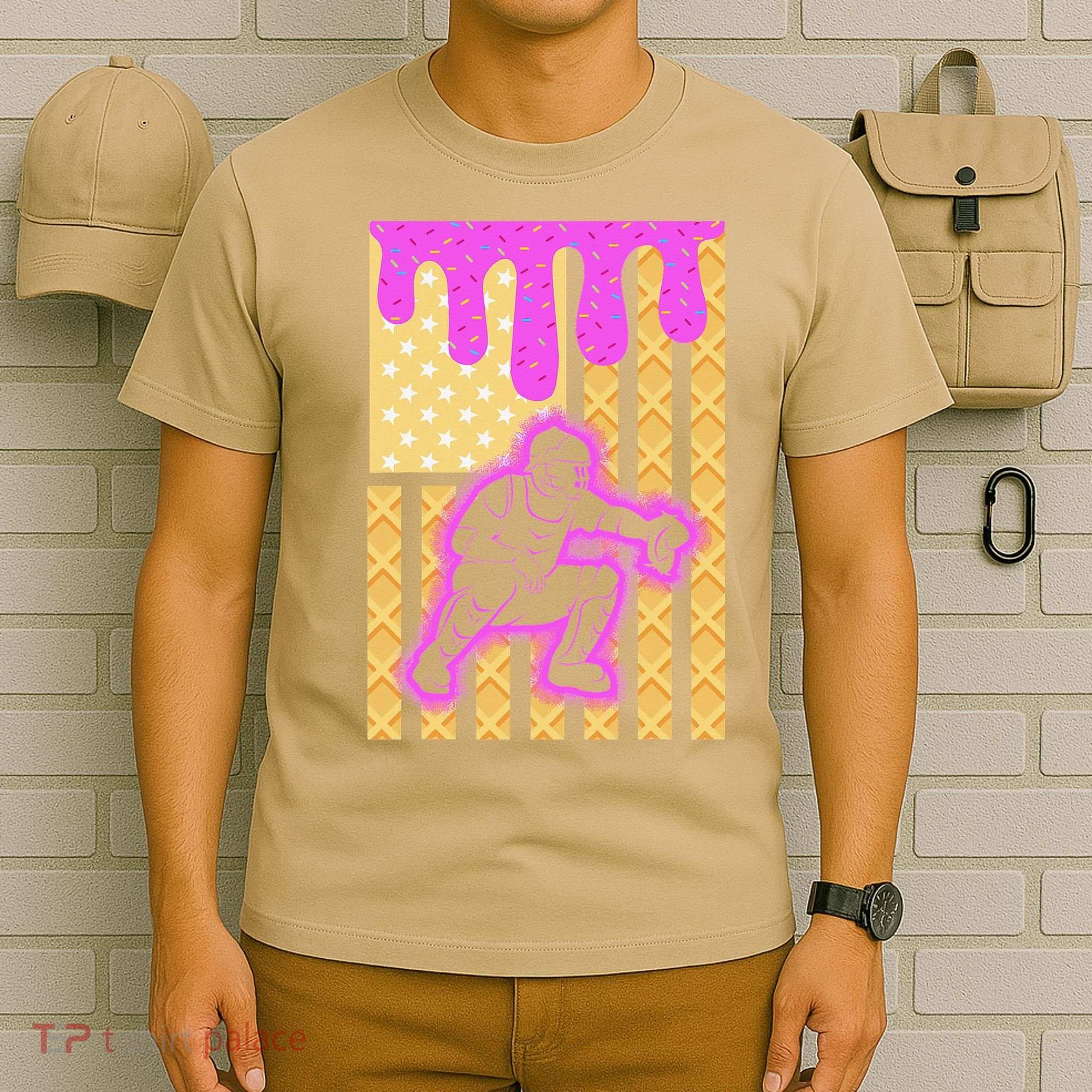 Baseball Drip Dripping Ice Cream Baseball American Flag T-Shirt