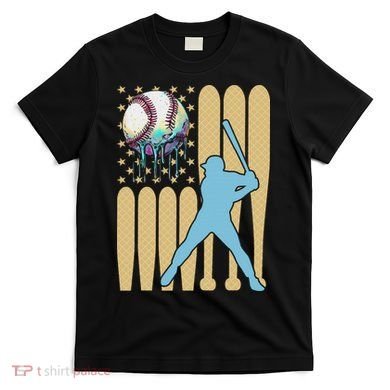 Baseball Drip Dripping Ice Cream Baseball American Flag T-Shirt