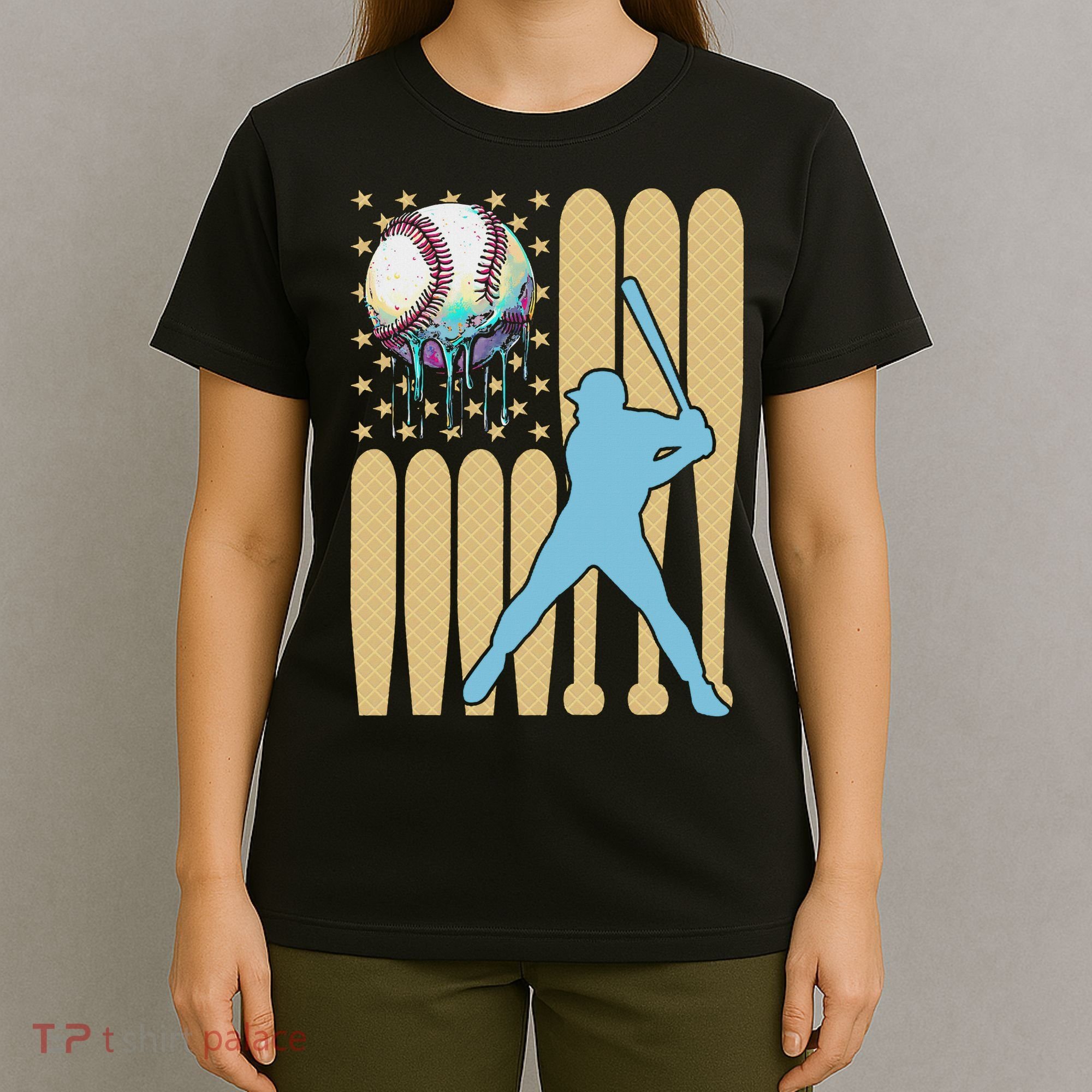 Baseball Drip Dripping Ice Cream Baseball American Flag T-Shirt