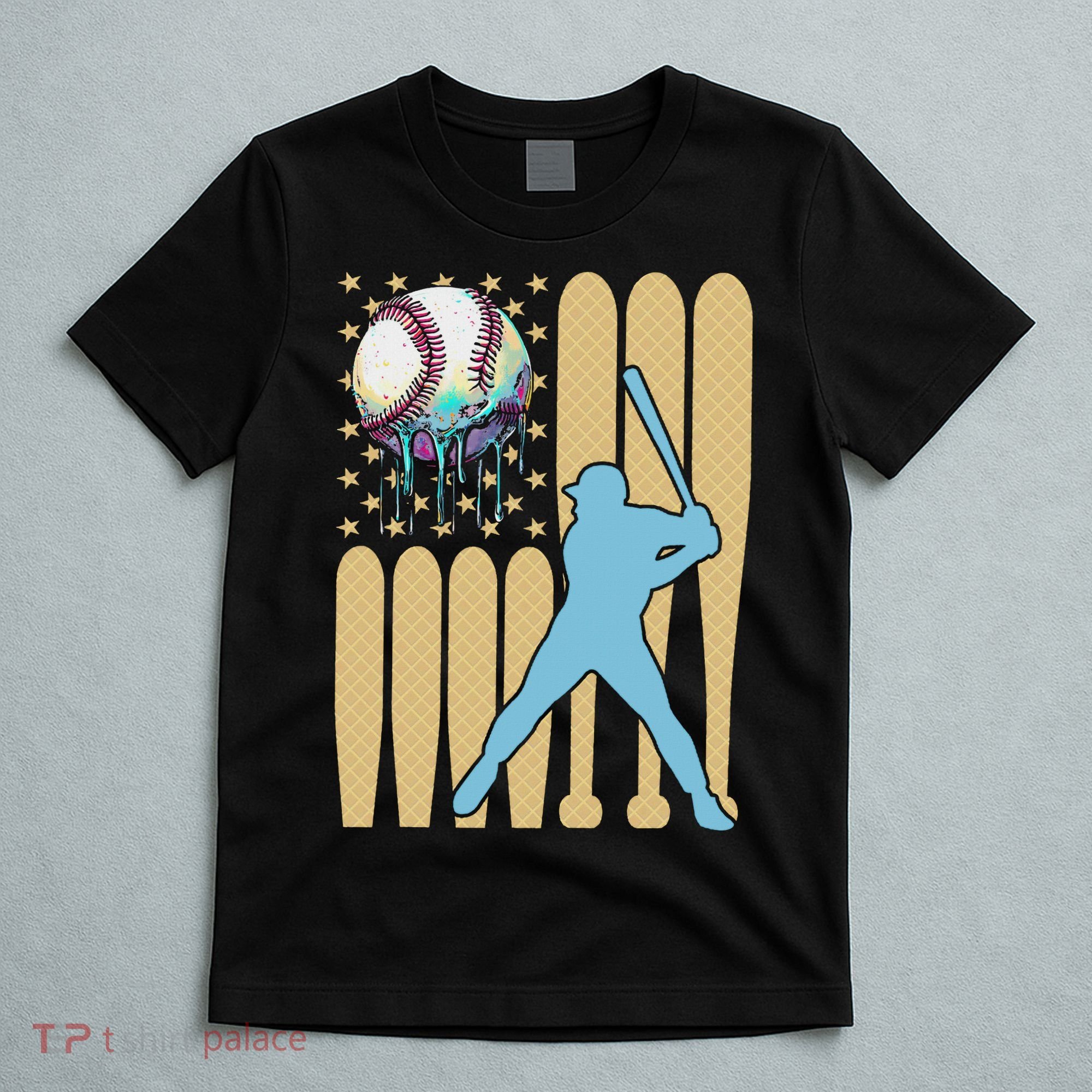 Baseball Drip Dripping Ice Cream Baseball American Flag T-Shirt