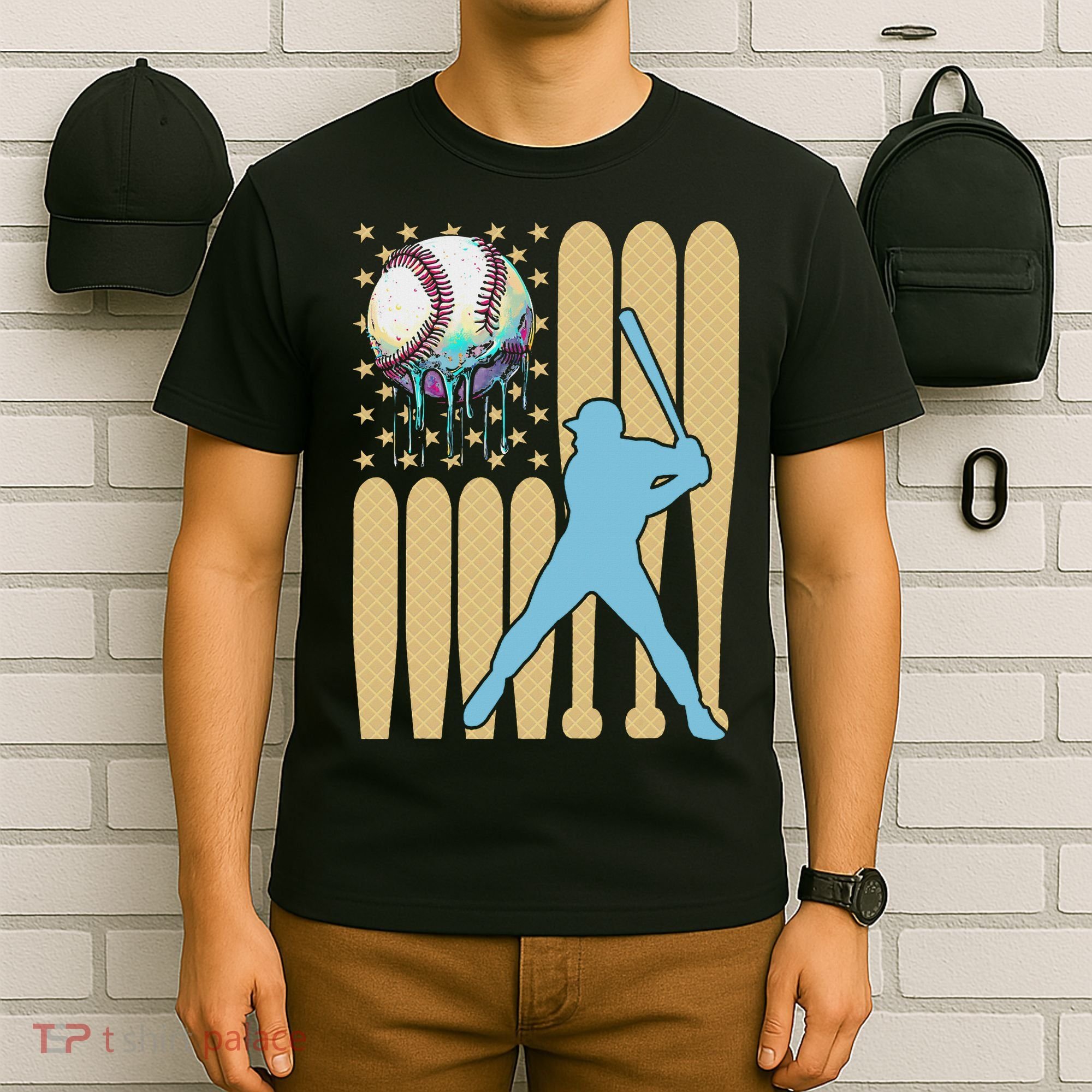 Baseball Drip Dripping Ice Cream Baseball American Flag T-Shirt