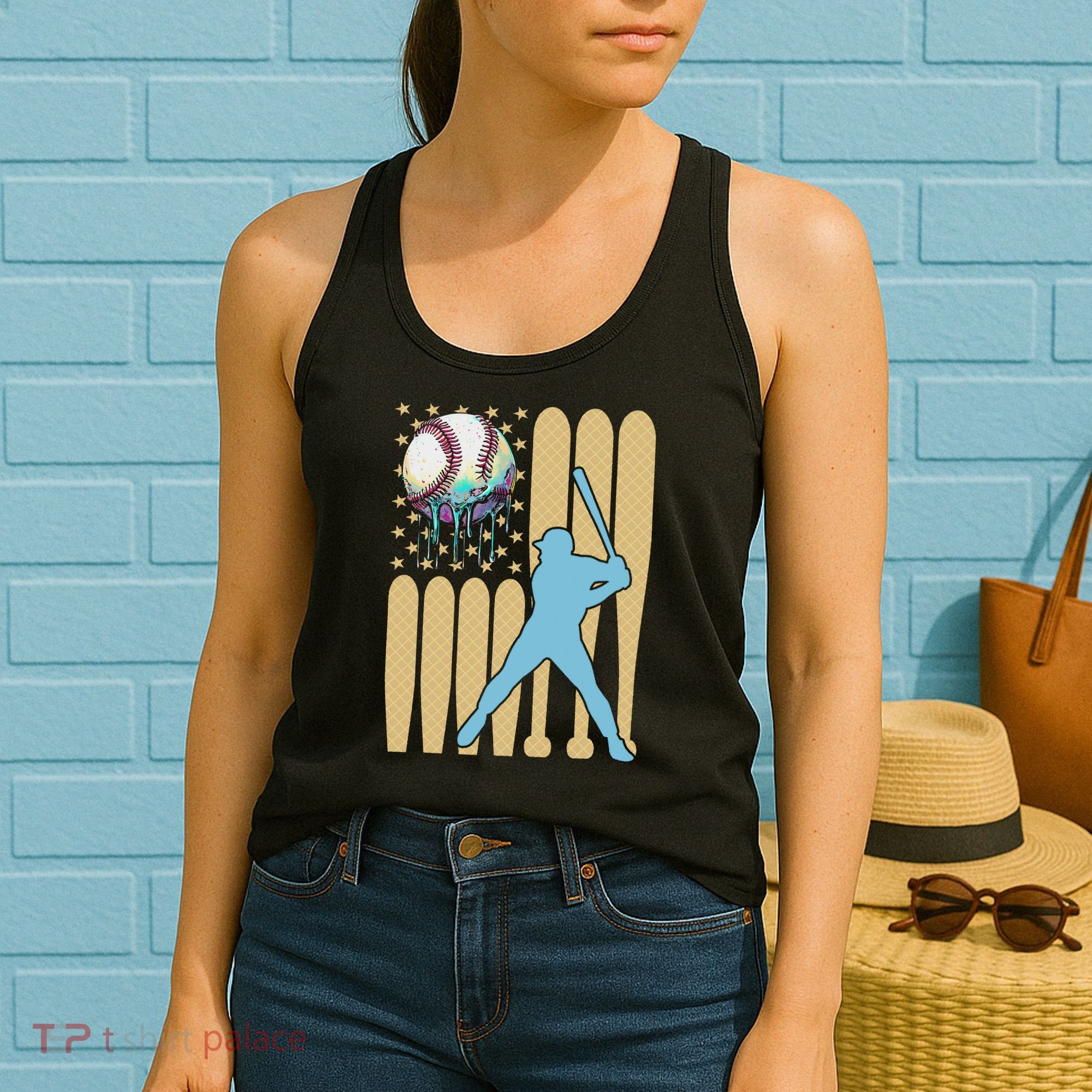 Baseball Drip Dripping Ice Cream Baseball American Flag Women's Tank Top