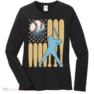 Baseball Drip Dripping Ice Cream Baseball American Flag Women's Long Sleeve Shirt