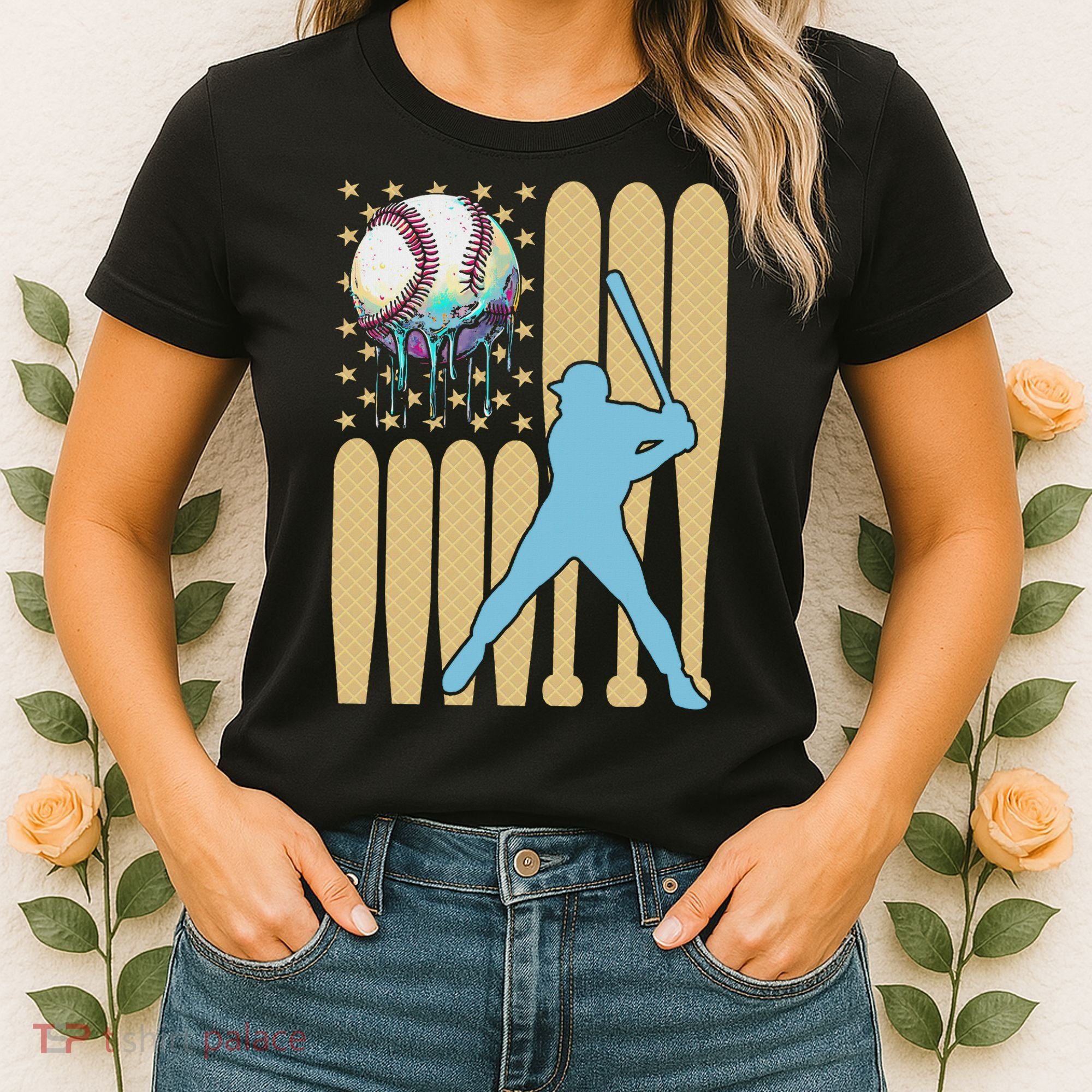 Baseball Drip Dripping Ice Cream Baseball American Flag Women's T-Shirt