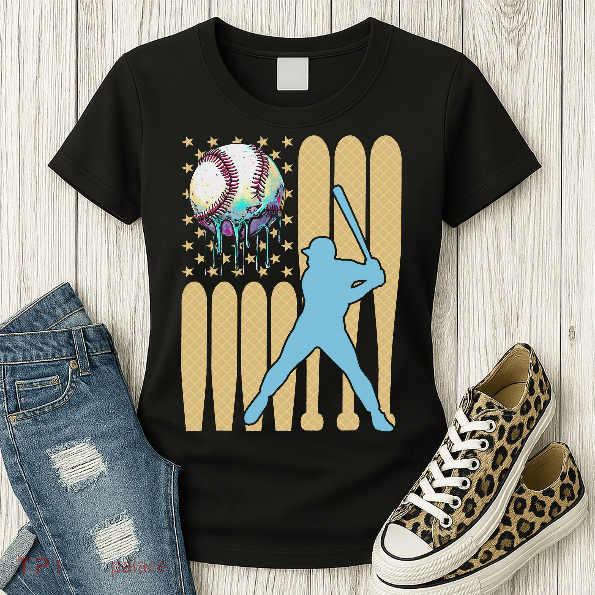Baseball Drip Dripping Ice Cream Baseball American Flag Women's T-Shirt
