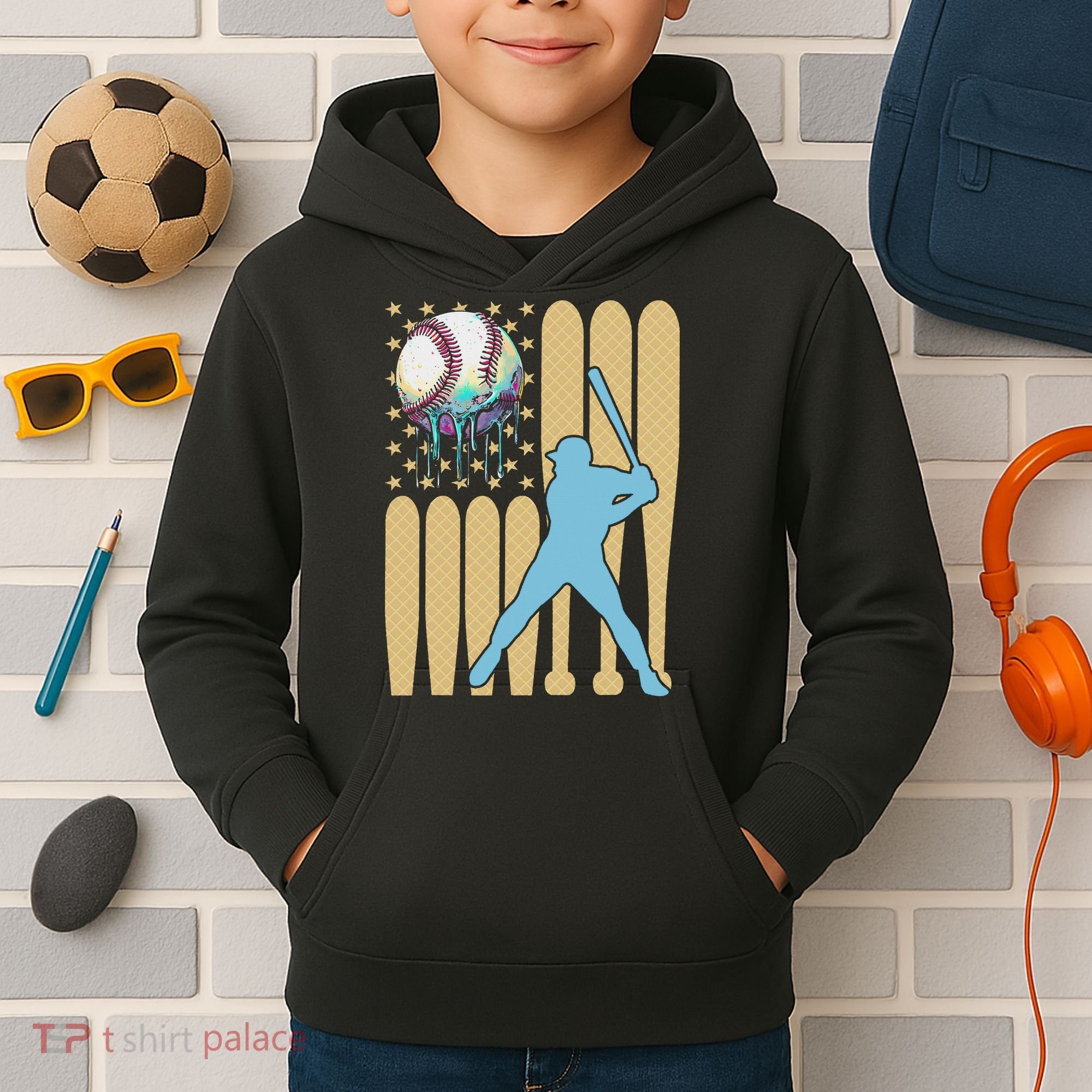 Baseball Drip Dripping Ice Cream Baseball American Flag Kids Hoodie