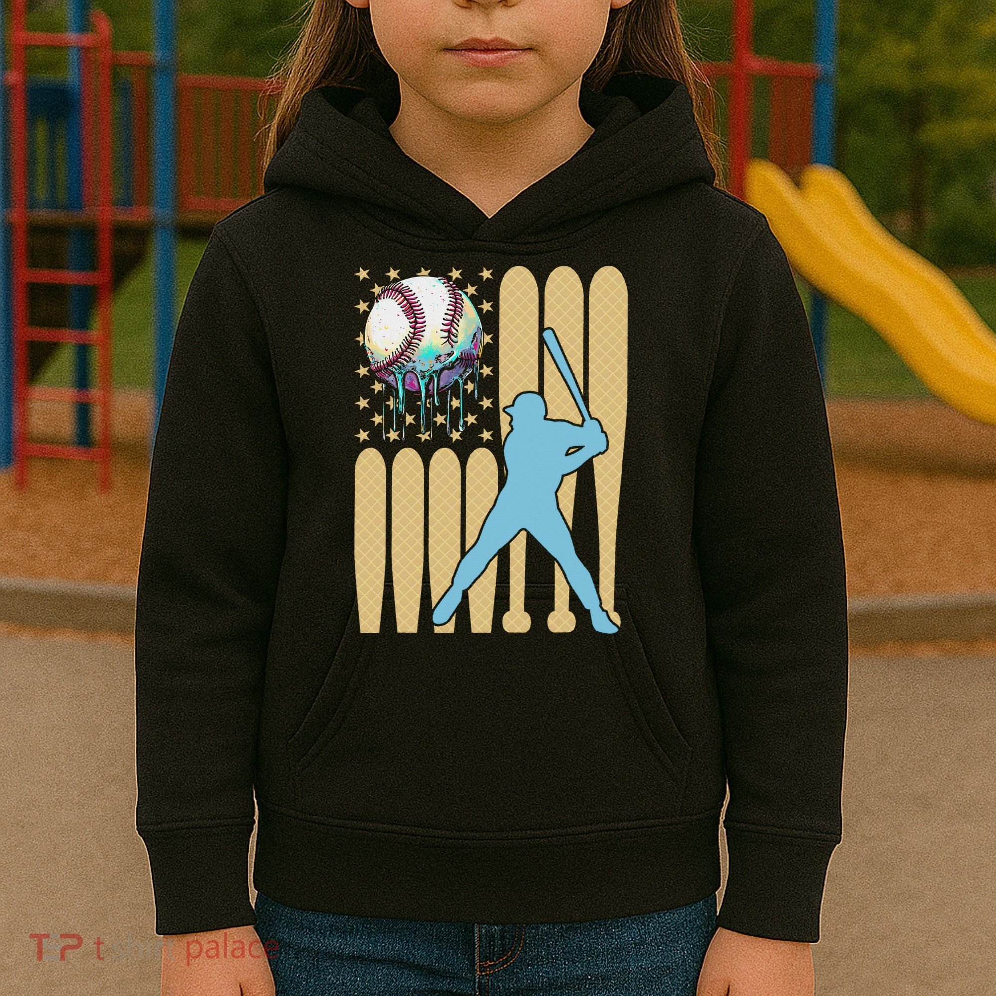 Baseball Drip Dripping Ice Cream Baseball American Flag Kids Hoodie