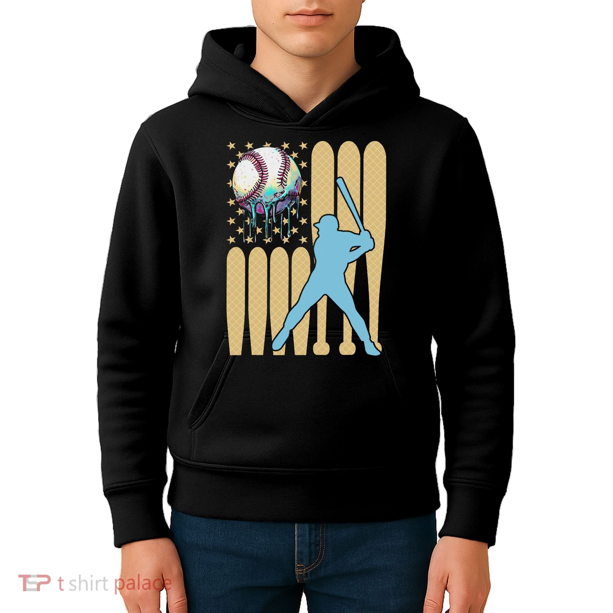 Baseball Drip Dripping Ice Cream Baseball American Flag Kids Hoodie