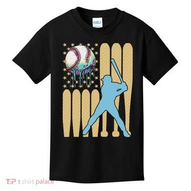 Baseball Drip Dripping Ice Cream Baseball American Flag Kids T-Shirt