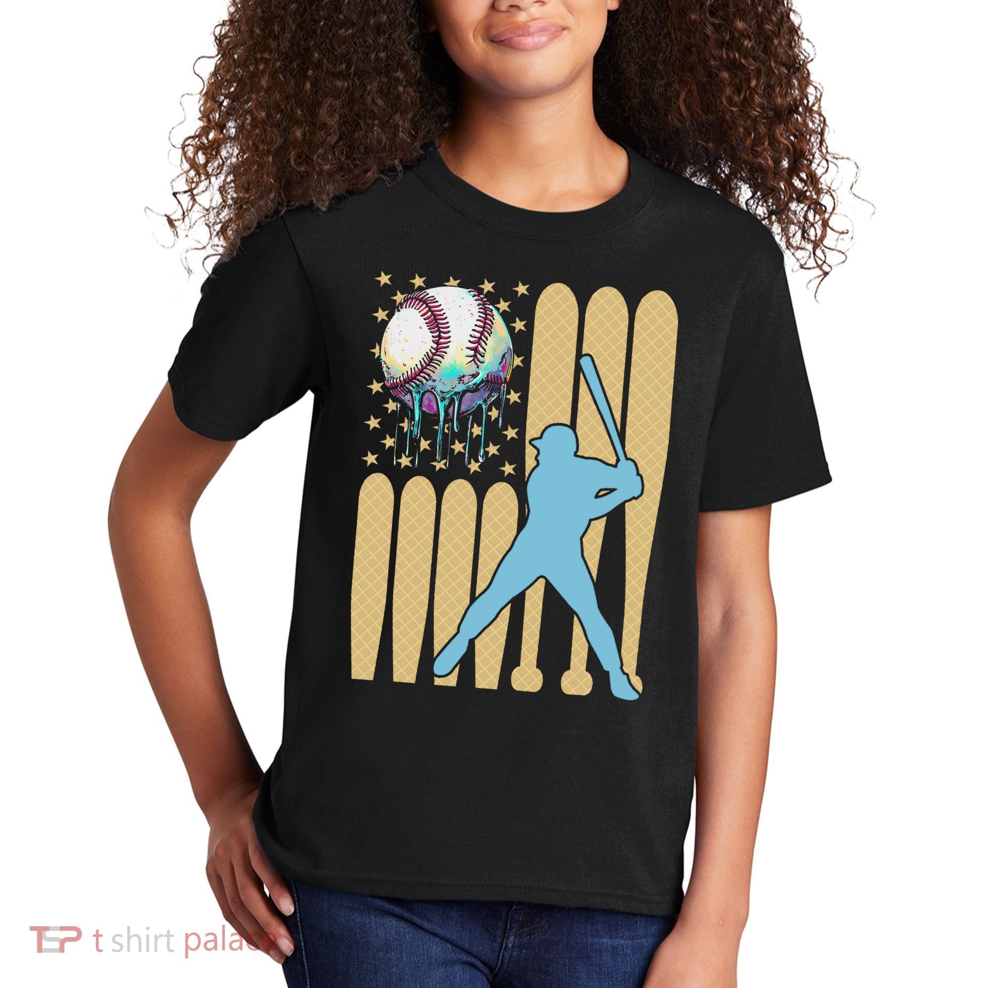 Baseball Drip Dripping Ice Cream Baseball American Flag Kids T-Shirt