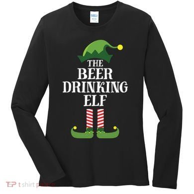 Beer Drinking Elf Matching Family Group Christmas Party Women's Long Sleeve Shirt