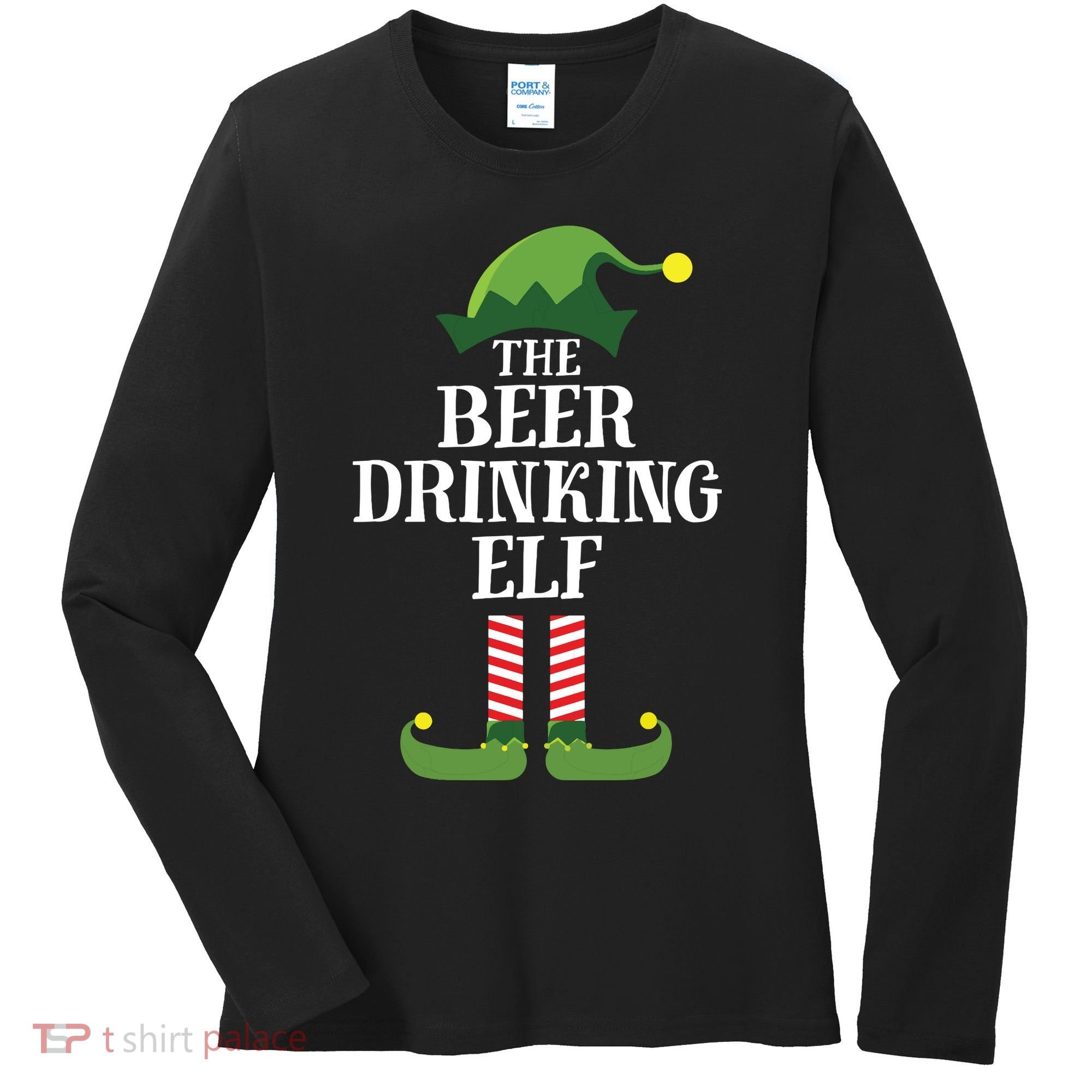 Beer Drinking Elf Matching Family Group Christmas Party Women's Long Sleeve Shirt
