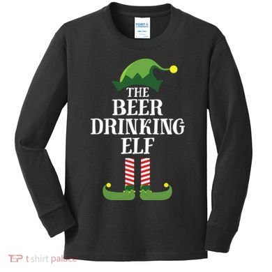 Beer Drinking Elf Matching Family Group Christmas Party Kids Long Sleeve Shirt