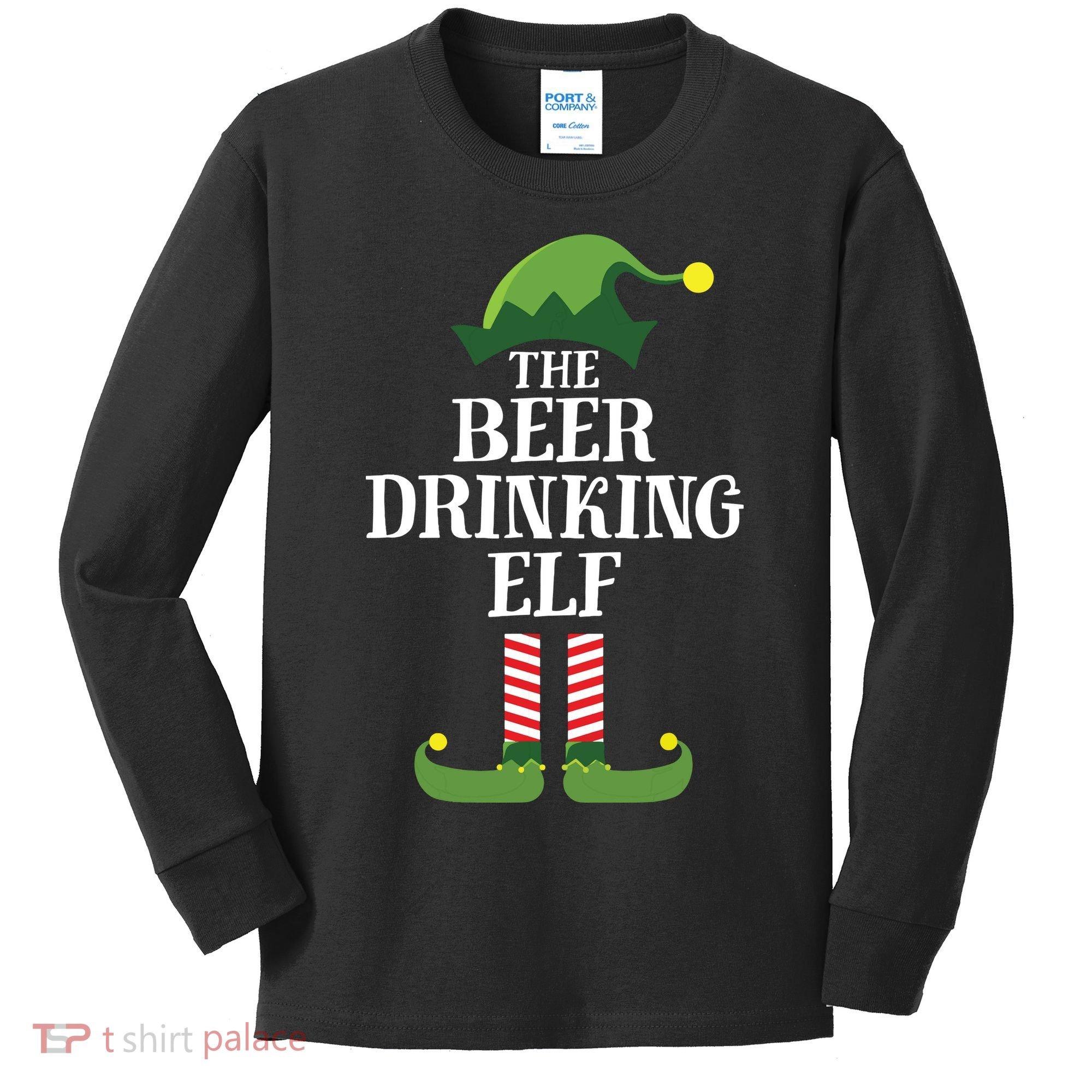 Beer Drinking Elf Matching Family Group Christmas Party Kids Long Sleeve Shirt