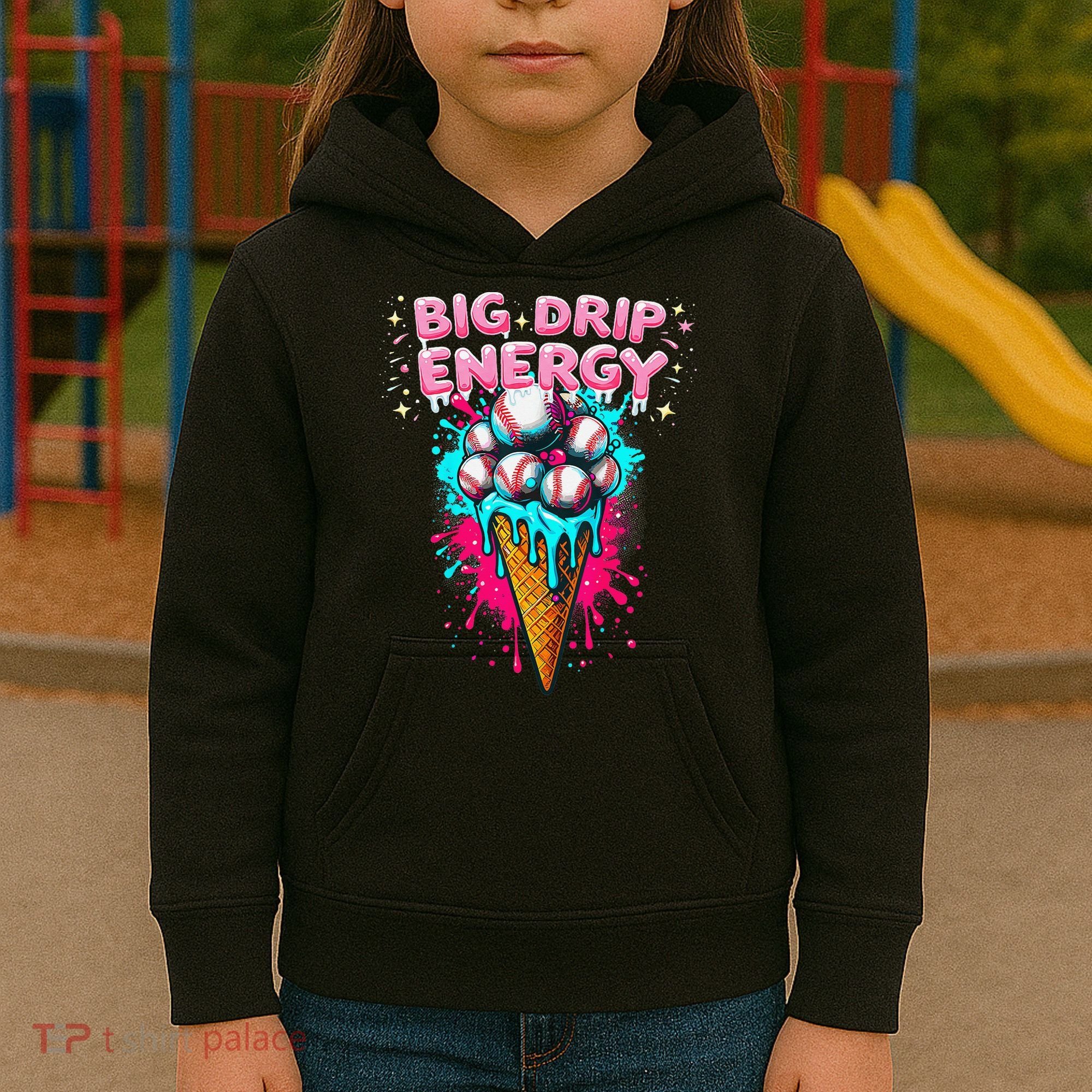 Big Drip Energy Ice Cream Baseball Funny Summer Vibes Kids Hoodie