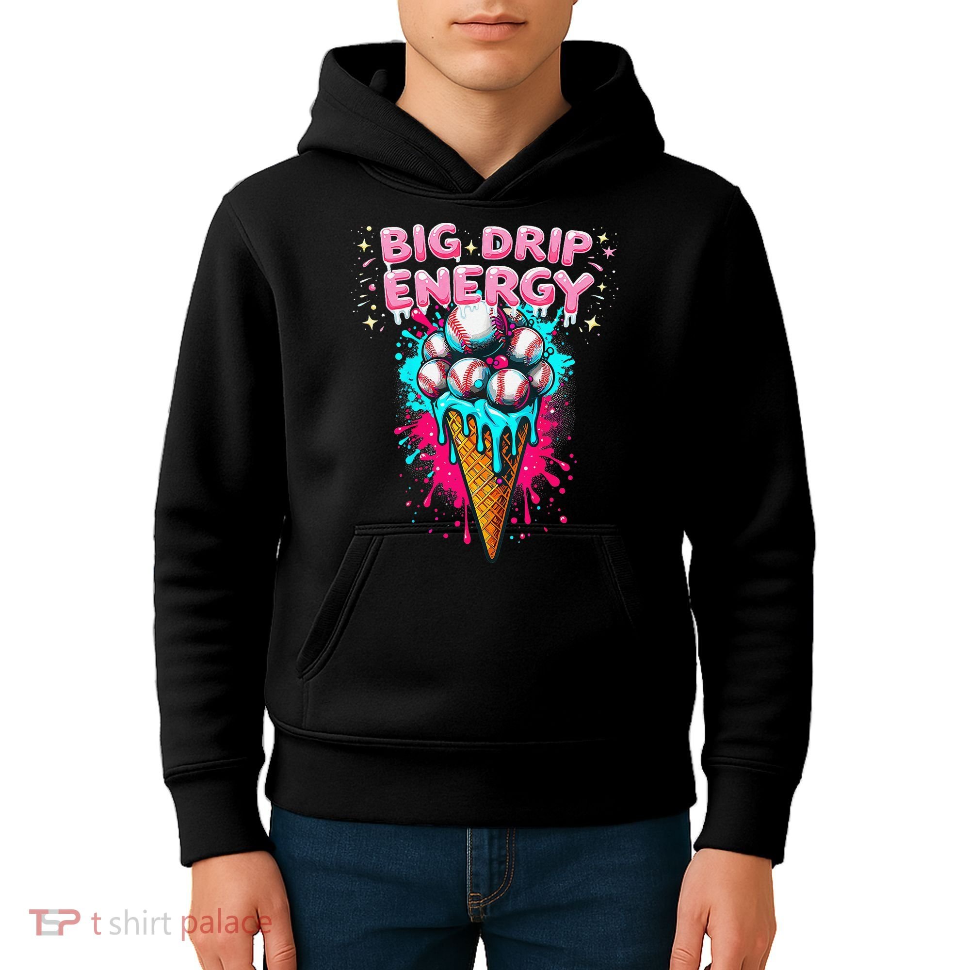 Big Drip Energy Ice Cream Baseball Funny Summer Vibes Kids Hoodie
