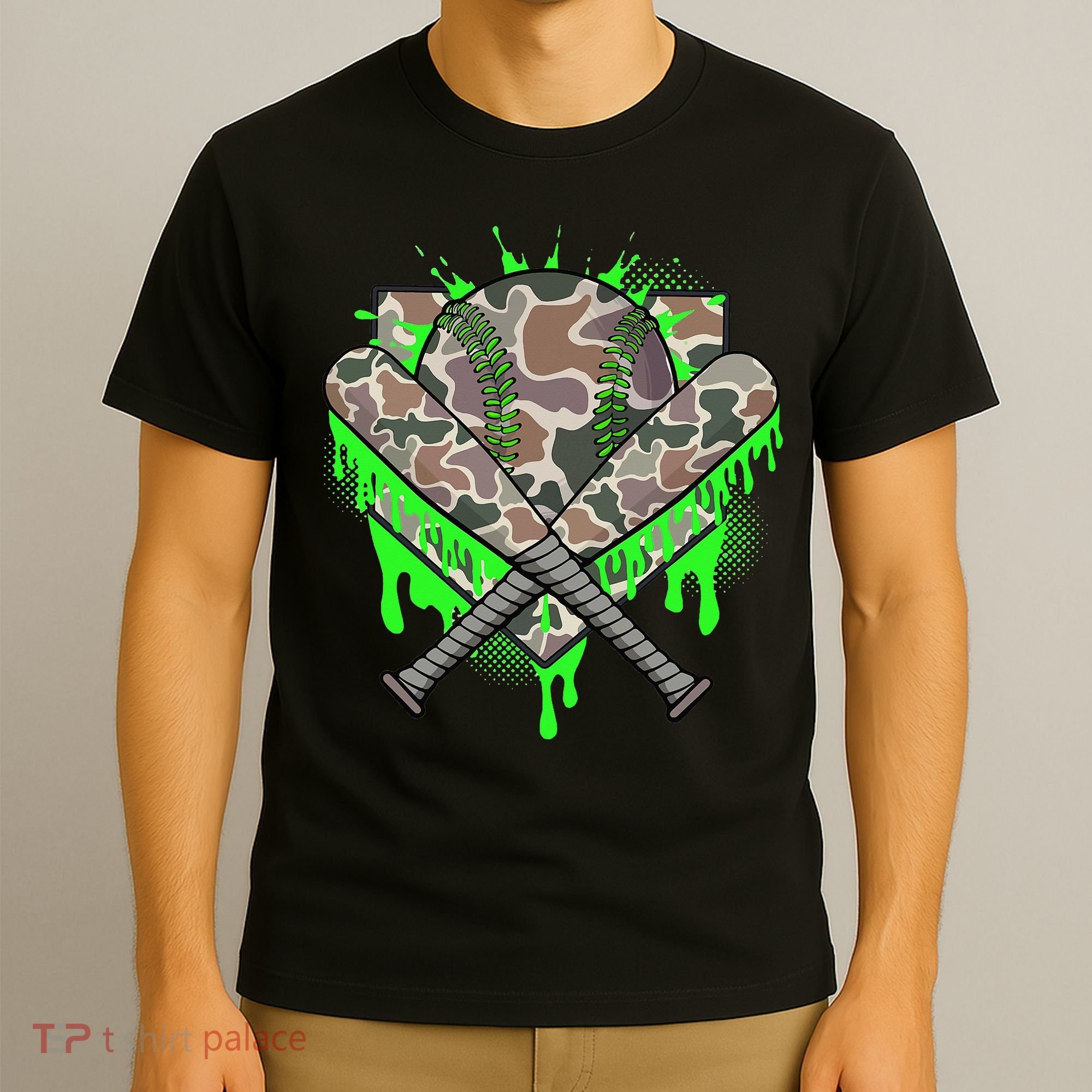Baseball Drip For Ice Cream Dripping Baseball Camo T-Shirt