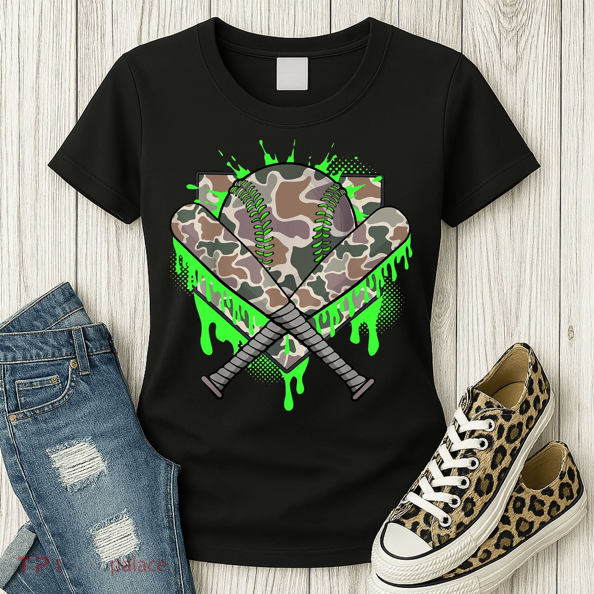 Baseball Drip For Boy Ice Cream Dripping Boy Baseball Camo  Women's T-Shirt