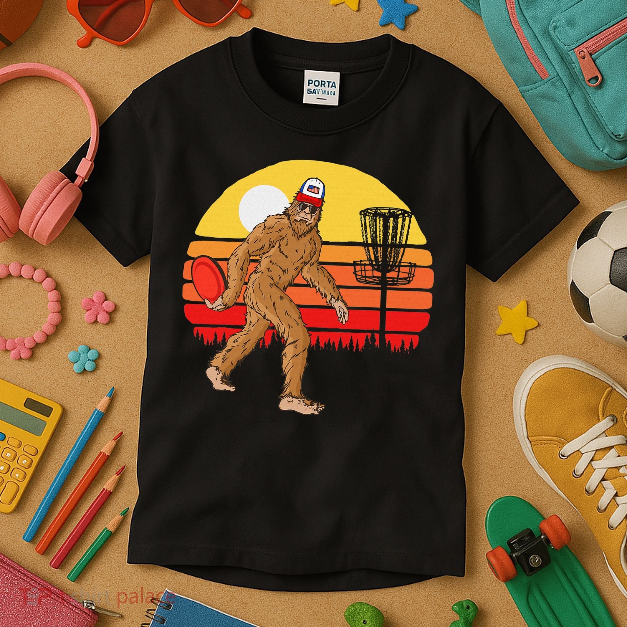Bigfoot Disc Golf Cryptid Sasquatch Disc Golfer Kids T-Shirt