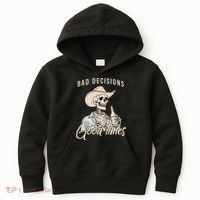 Bad Decisions Good Times Skeleton Cowboy Kids Hoodie thumb 0