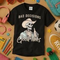 Bad Decisions Good Times Skeleton Cowboy Kids T-Shirt thumb 3