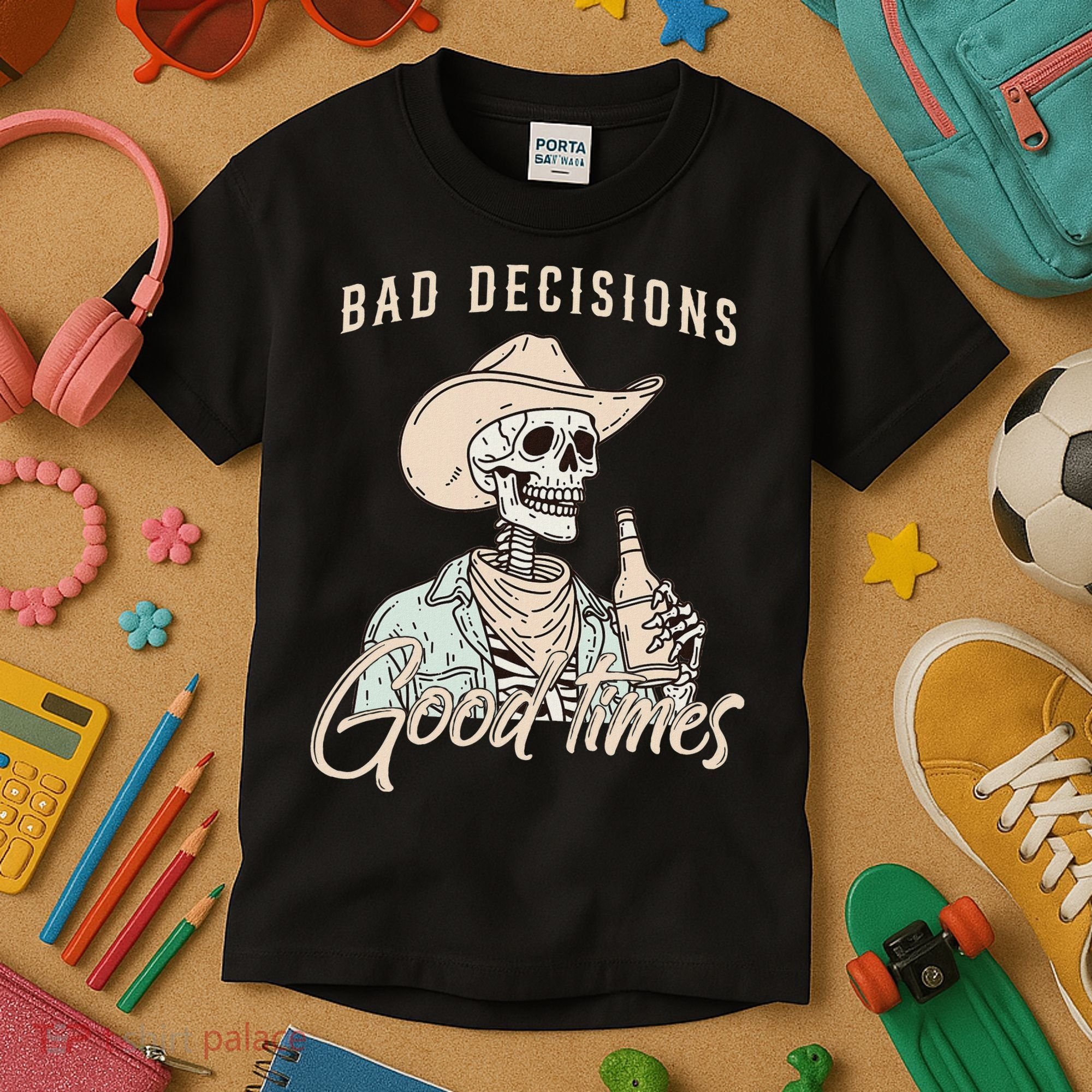 Bad Decisions Good Times Skeleton Cowboy Kids T-Shirt