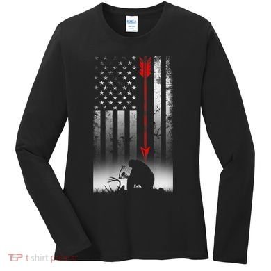 Bow Deer Hunting American Flag For Bow Hunting Women's Long Sleeve Shirt