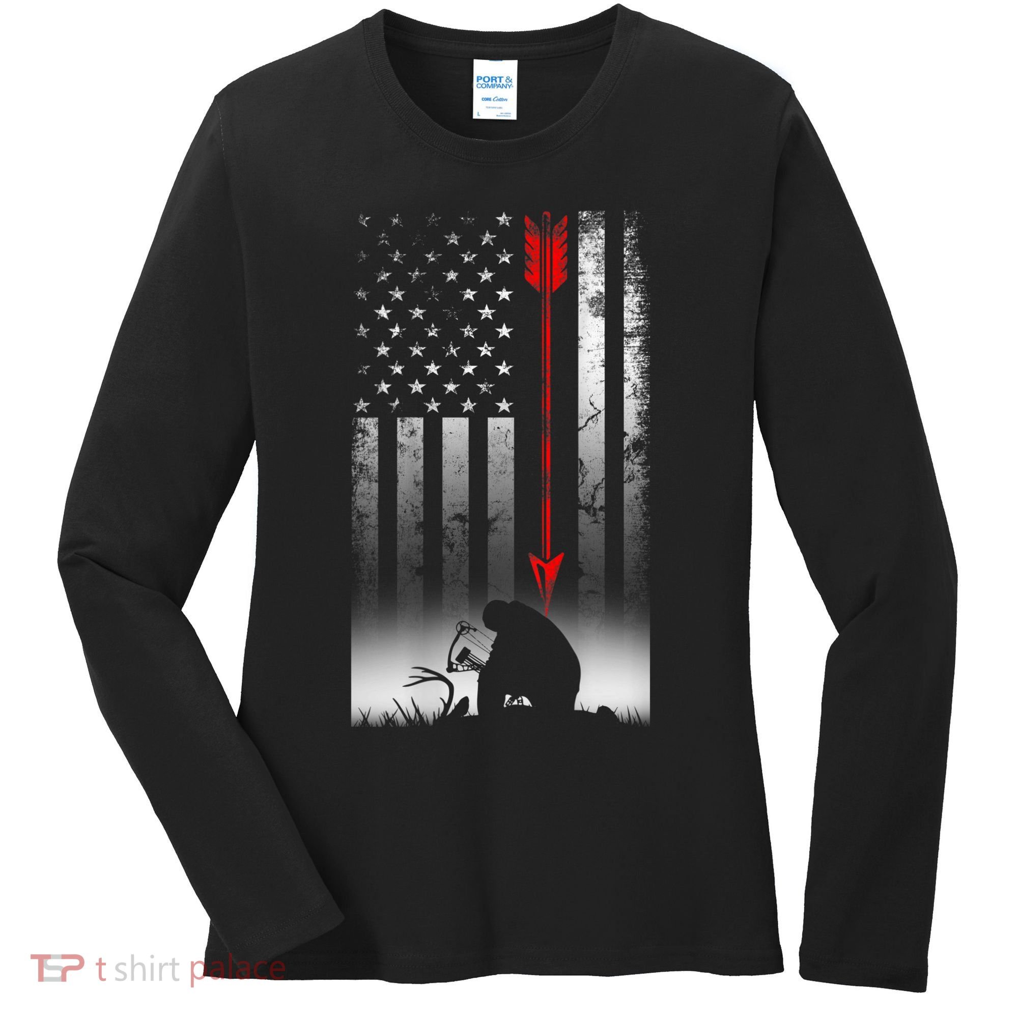 Bow Deer Hunting American Flag For Bow Hunting Women's Long Sleeve Shirt