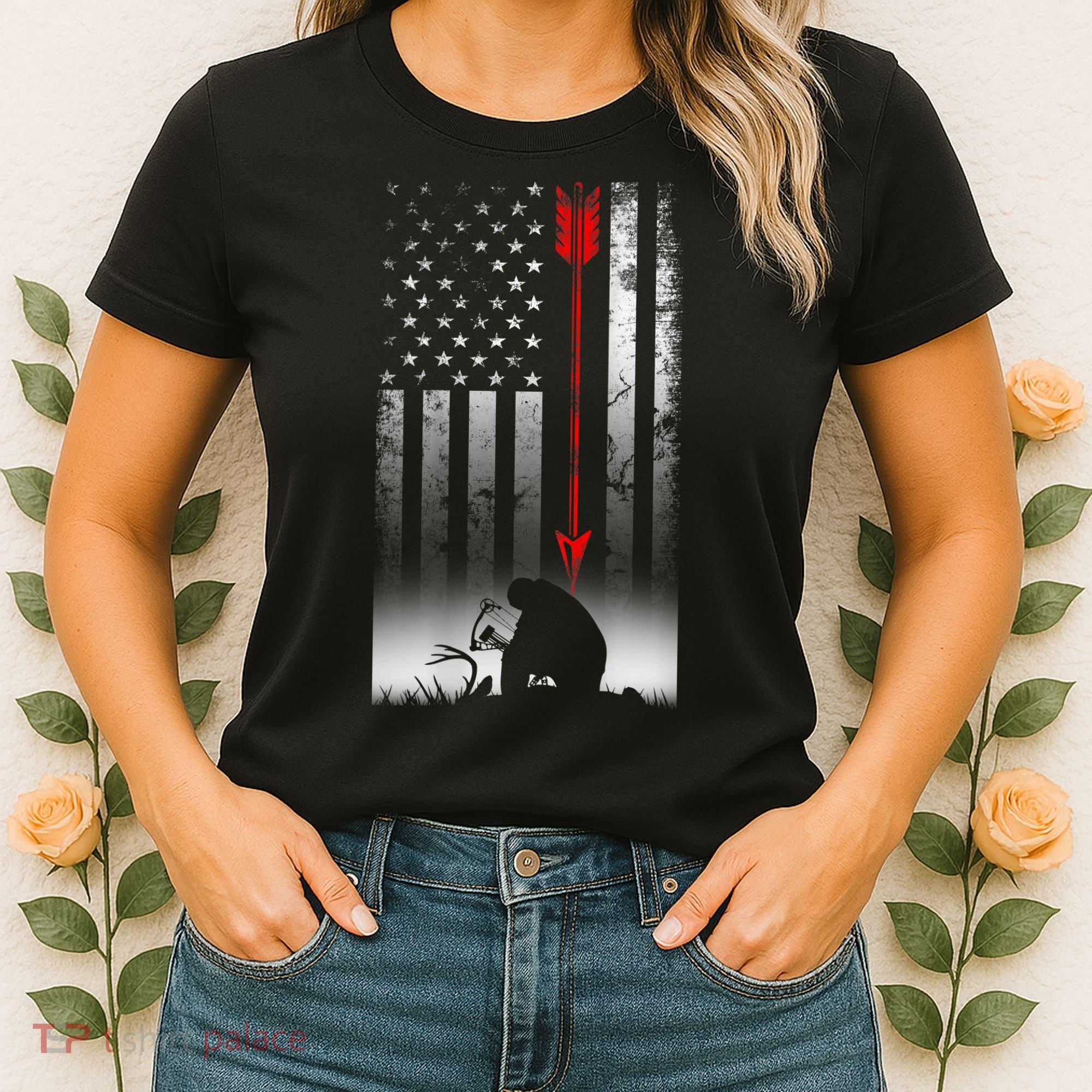 Bow Deer Hunting American Flag For Bow Hunting Women's T-Shirt