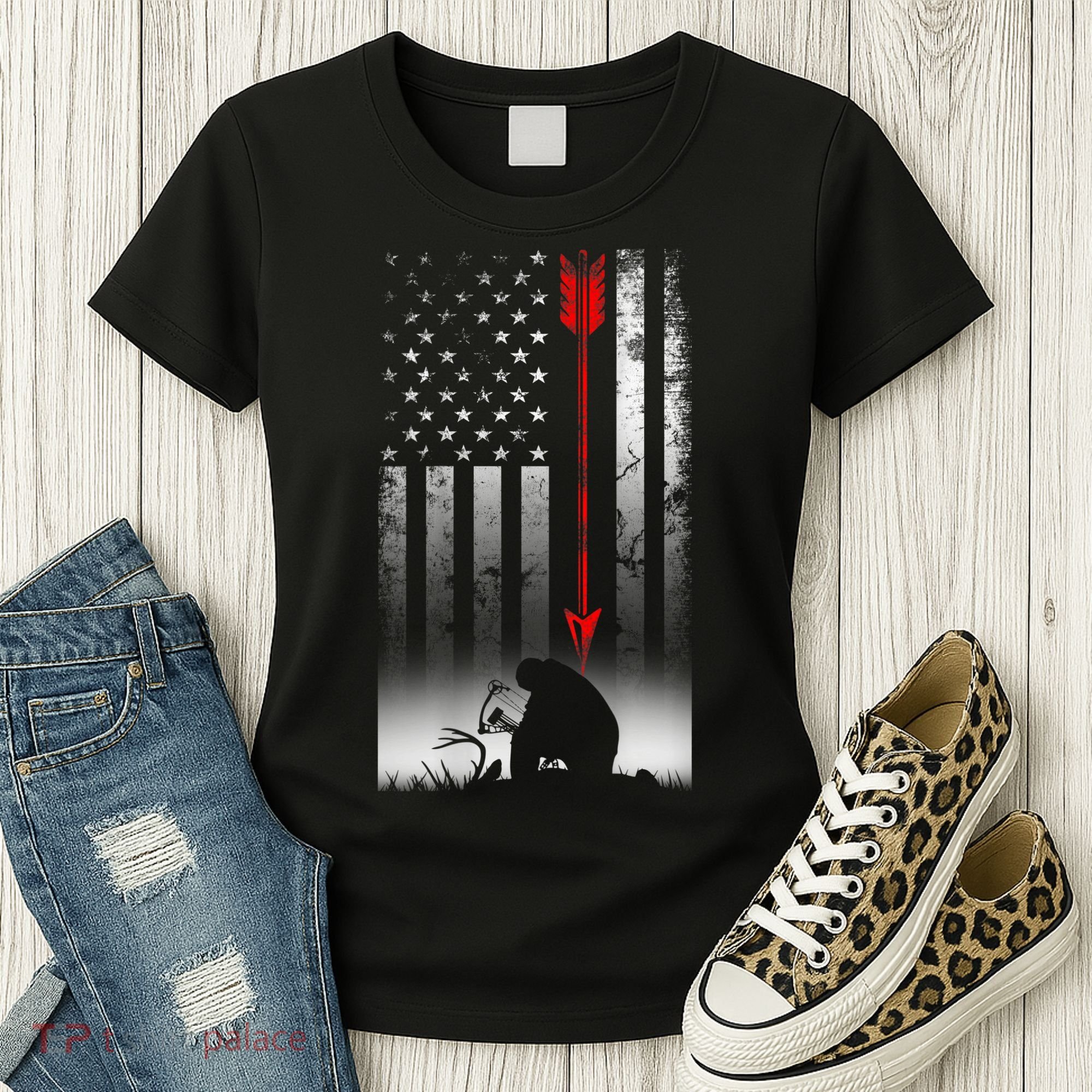 Bow Deer Hunting American Flag For Bow Hunting Women's T-Shirt