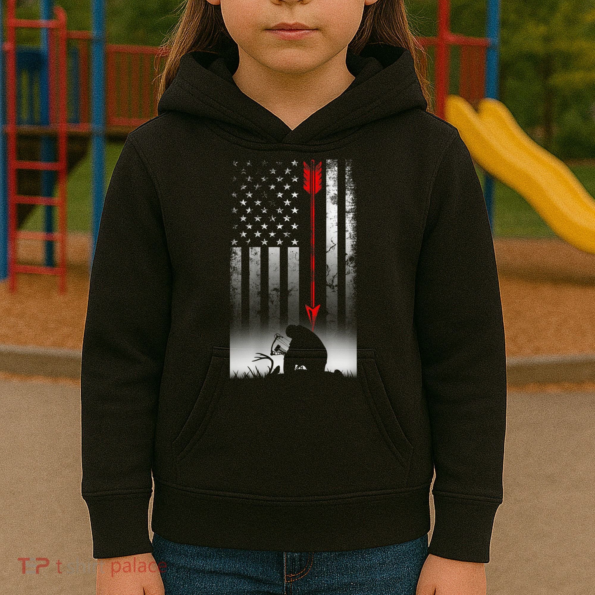Bow Deer Hunting American Flag For Bow Hunting Kids Hoodie
